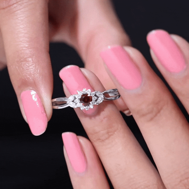 Natural Garnet Diamond Flower Engagement Ring with Split Shank