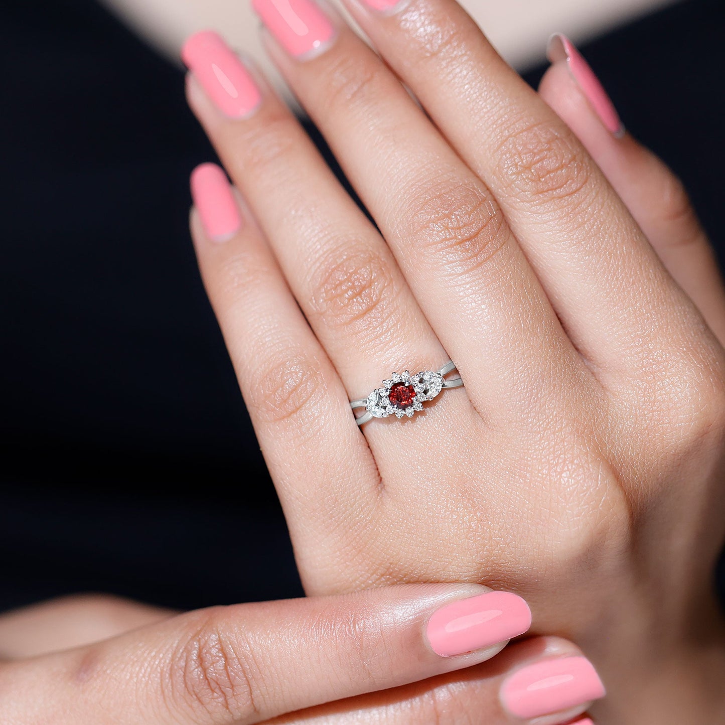 Natural Garnet Diamond Flower Engagement Ring with Split Shank