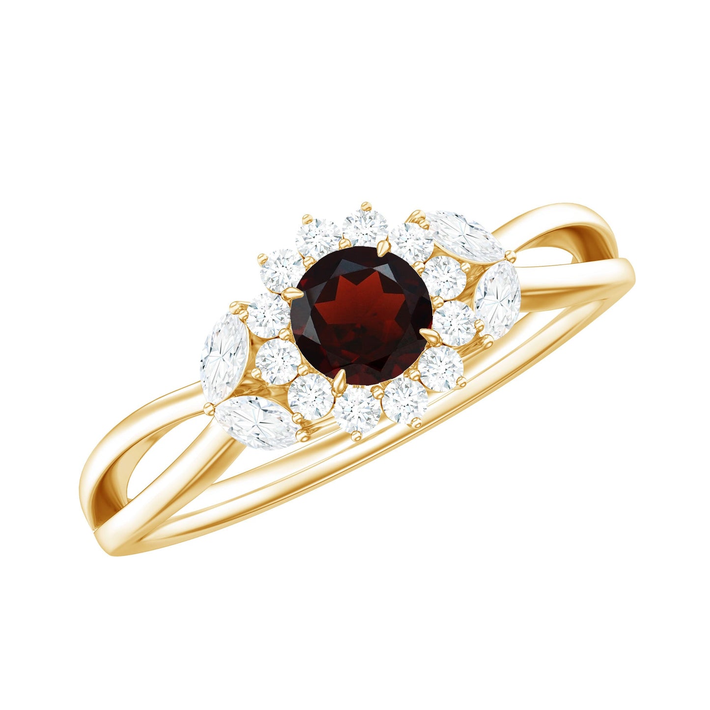 Natural Garnet Diamond Flower Engagement Ring with Split Shank