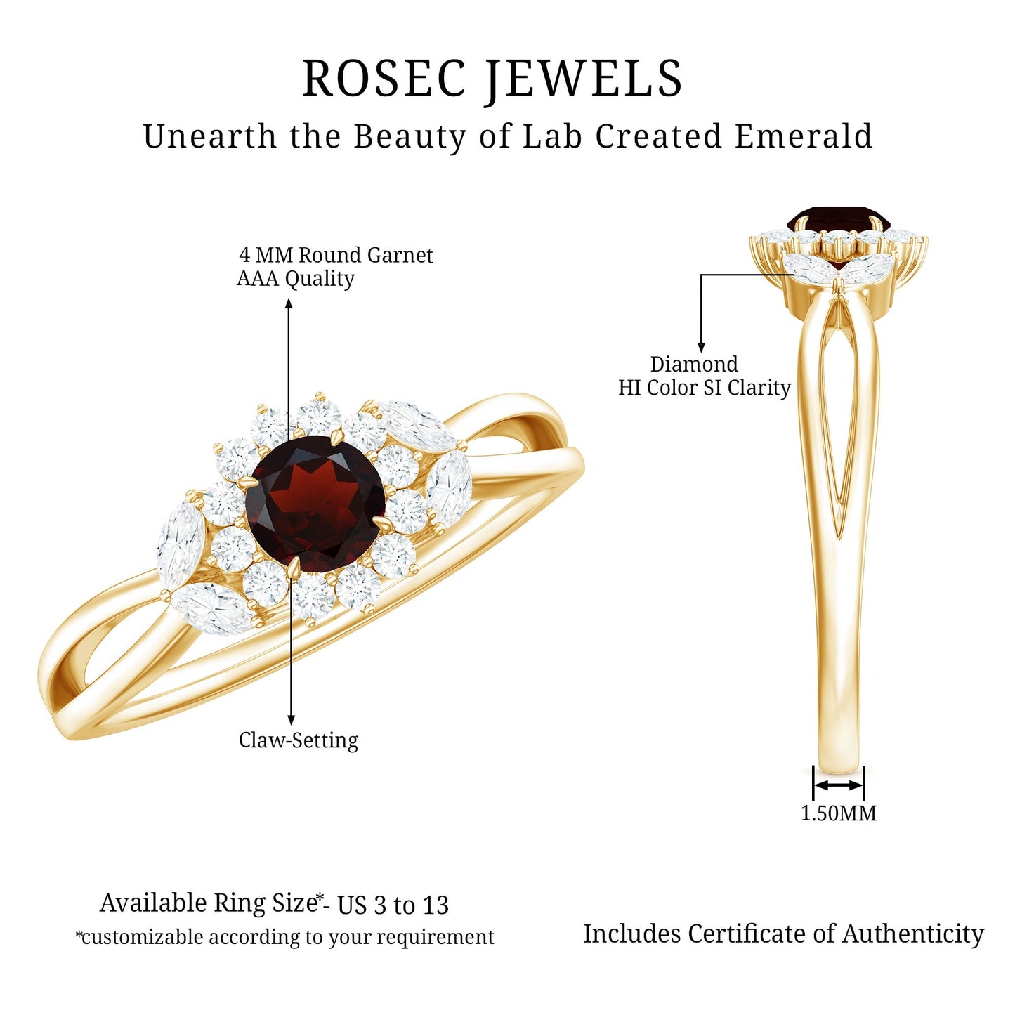 Natural Garnet Diamond Flower Engagement Ring with Split Shank