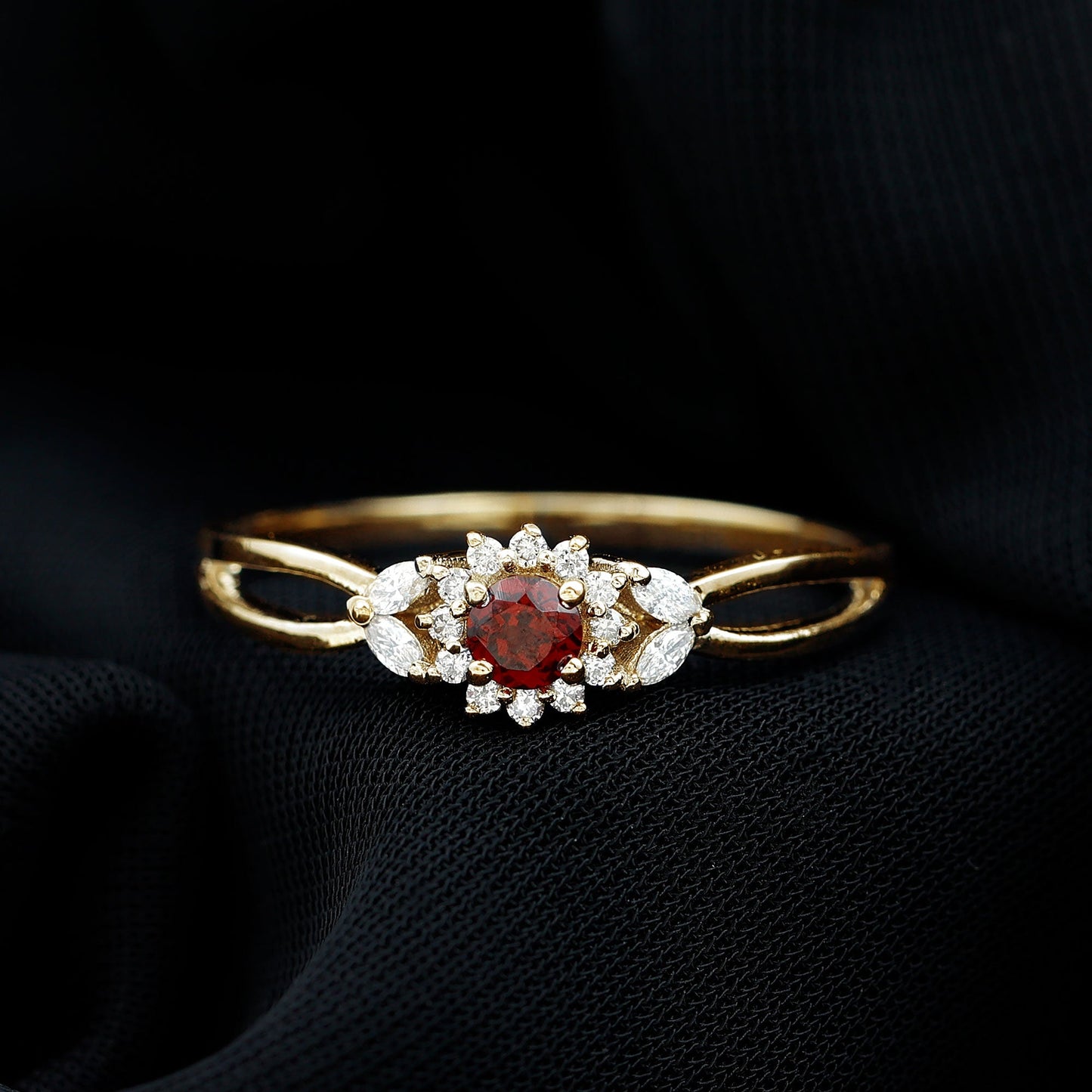 Natural Garnet Diamond Flower Engagement Ring with Split Shank