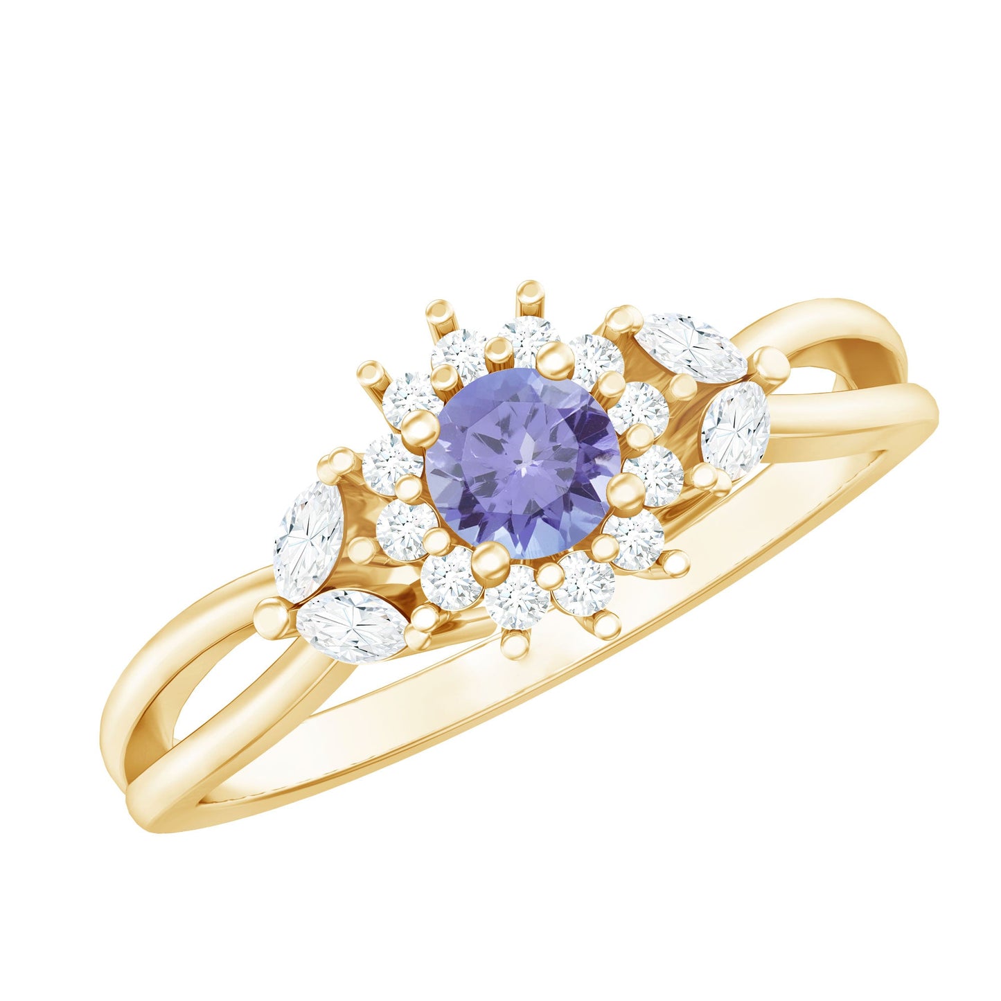 Genuine Tanzanite and Diamond Nature Engagement Ring with Split Shank