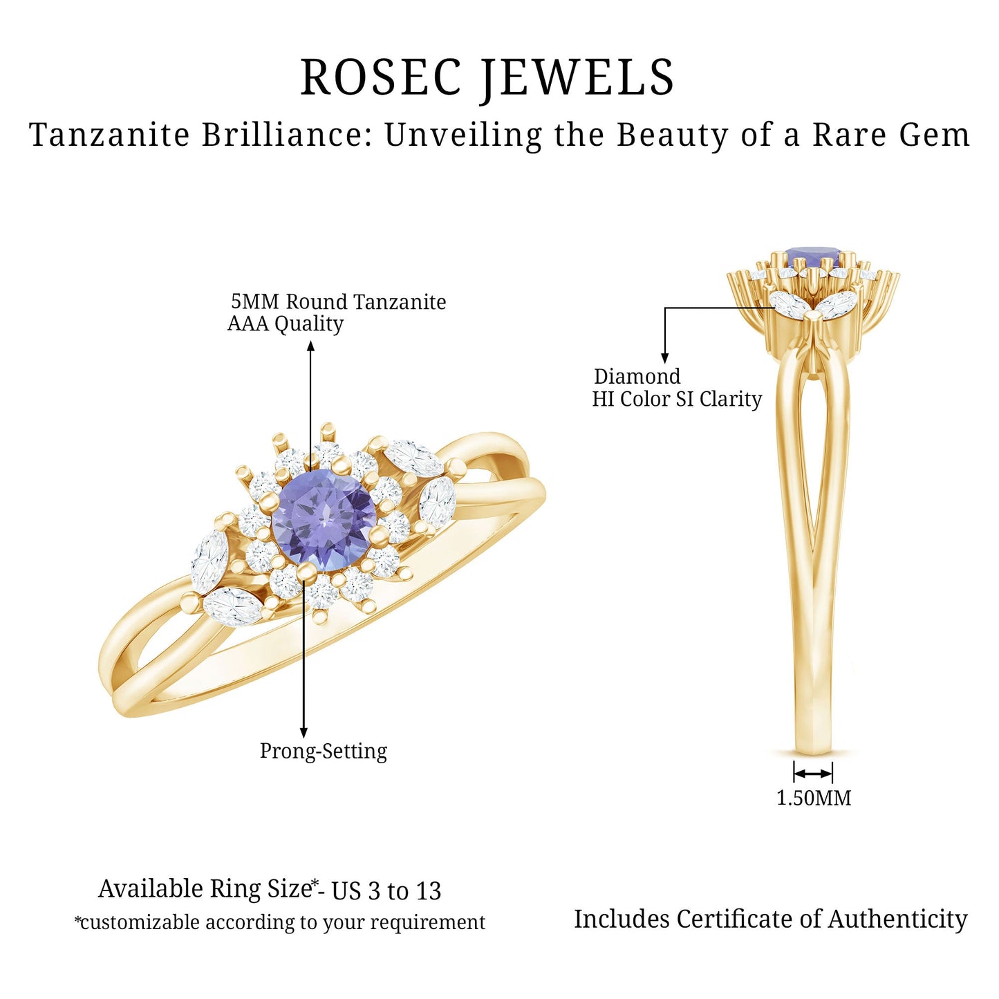 Genuine Tanzanite and Diamond Nature Engagement Ring with Split Shank