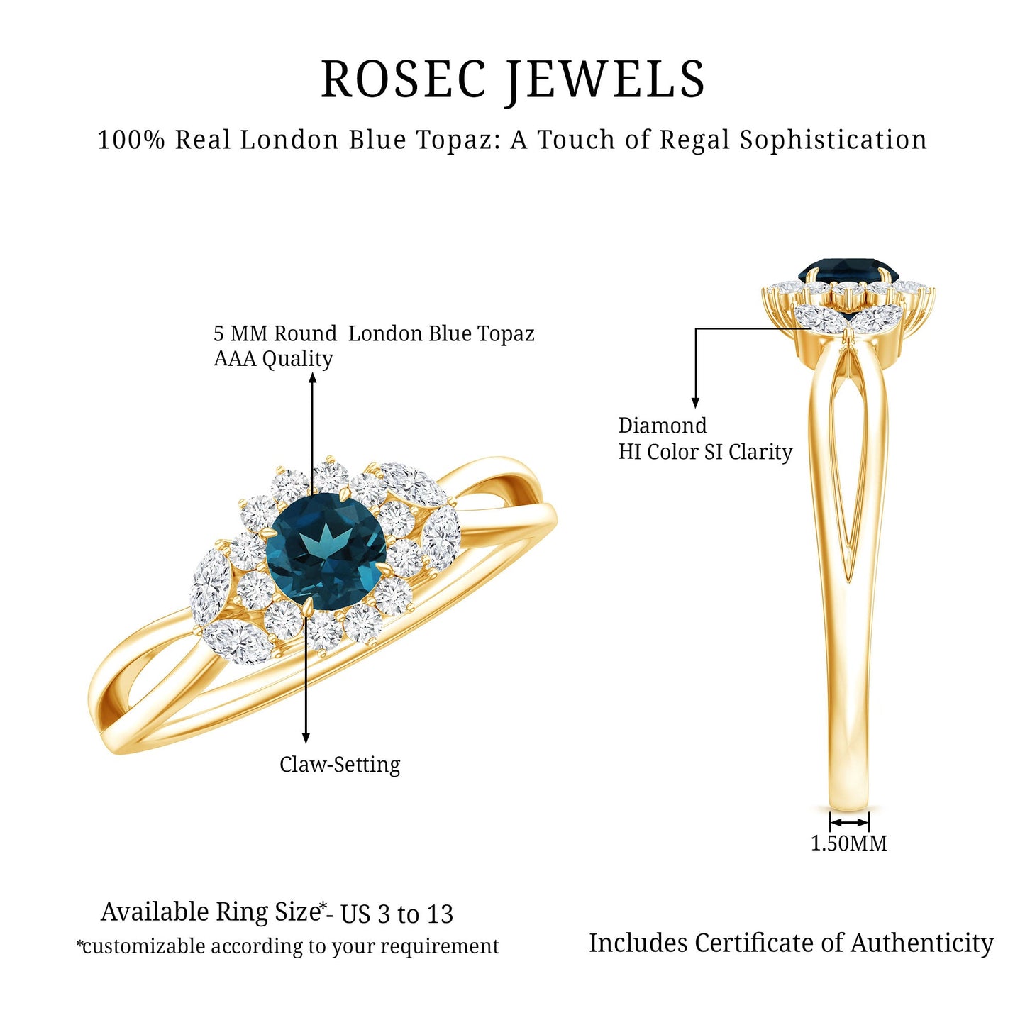 0.6 Carat London Blue Topaz Floral Engagement Ring with Diamond
