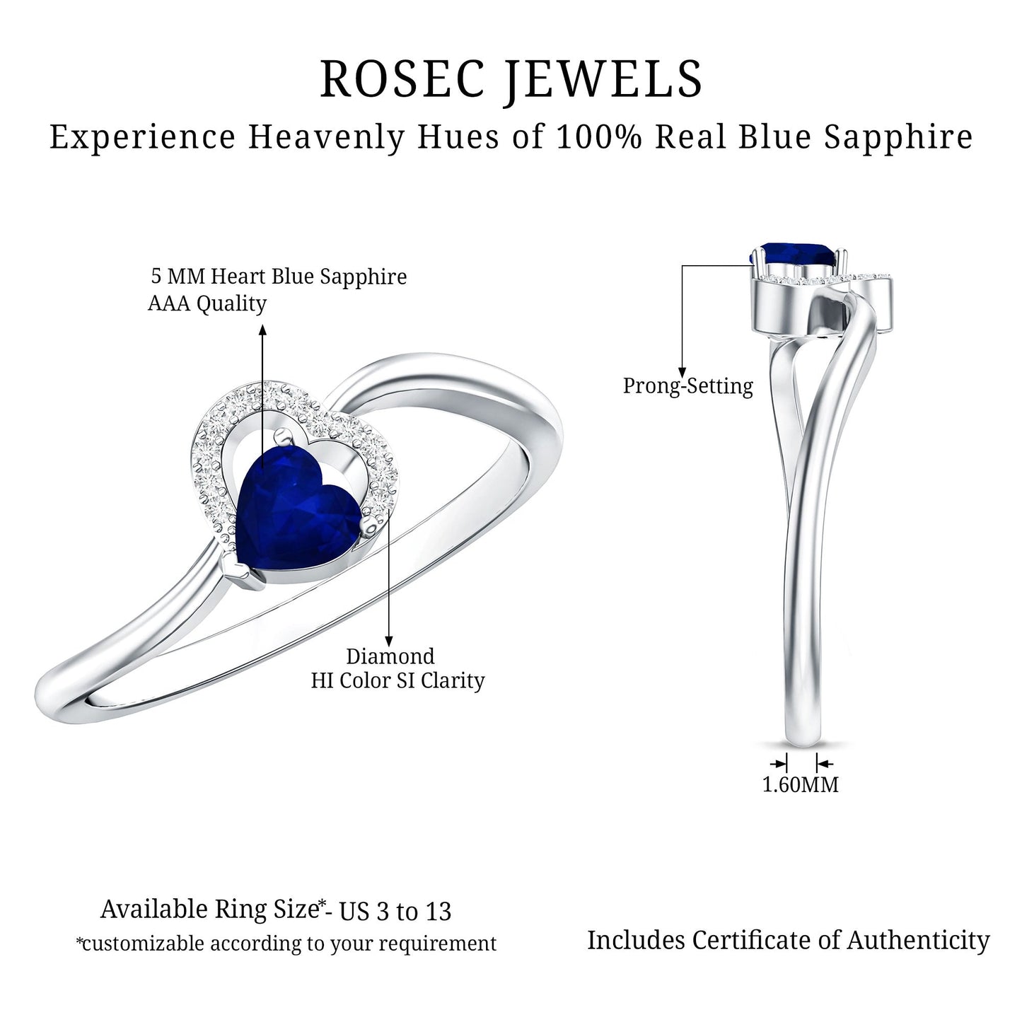 Real Heart Shape Blue Sapphire Diamond Promise Ring for Women
