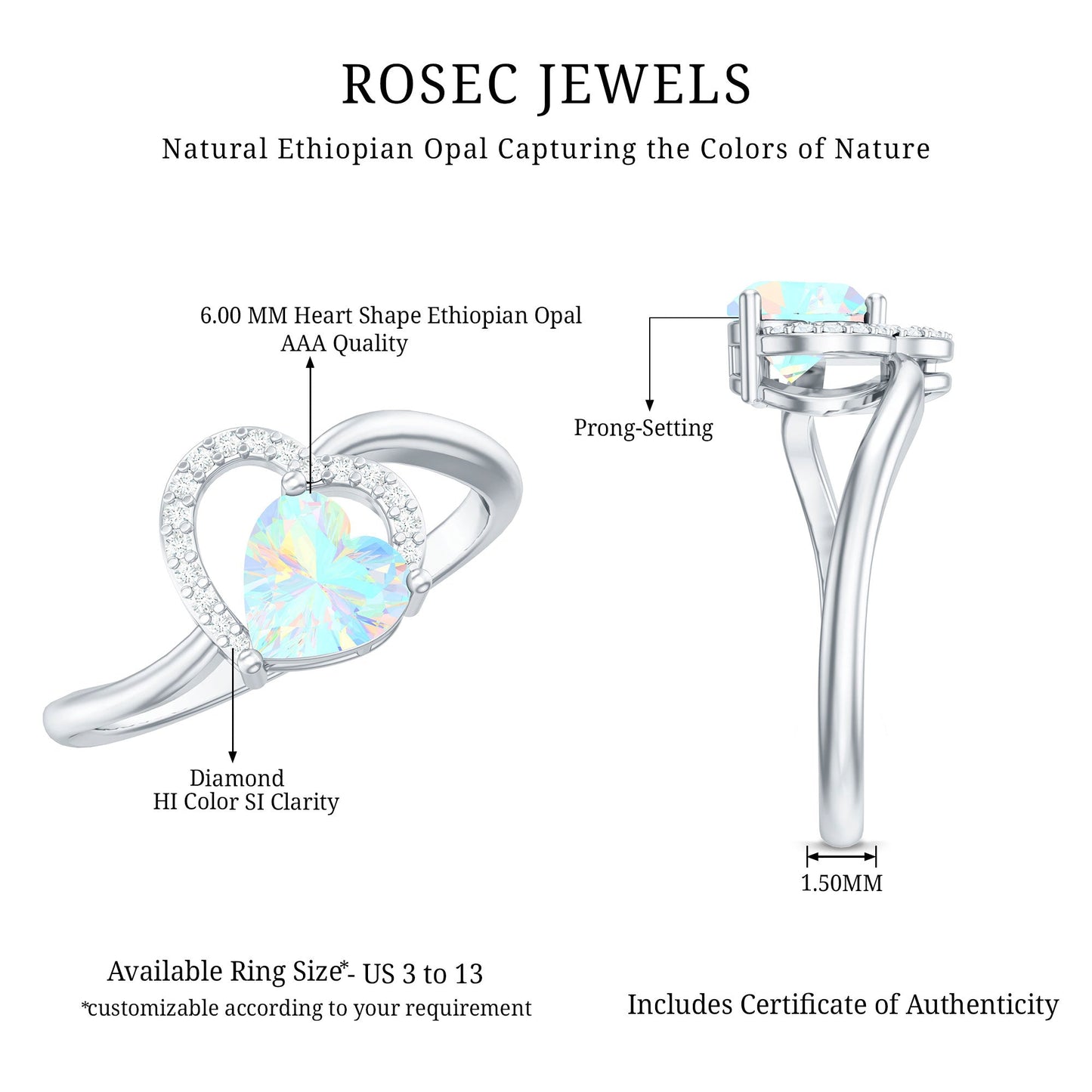 0.7 Carat Ethiopian Opal Heart Promise Ring with Diamond