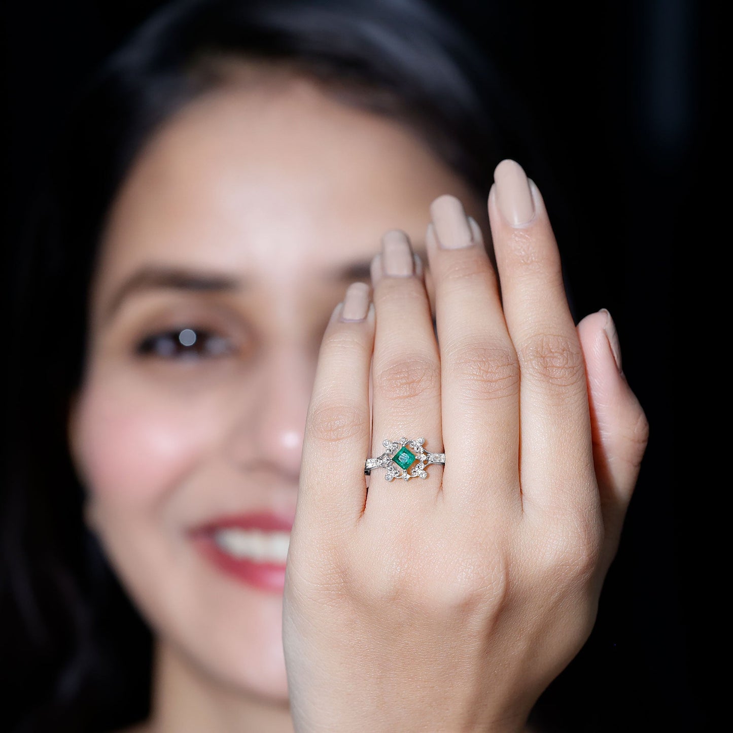 Antique Looking Emerald and Diamond Engagement Ring for Women