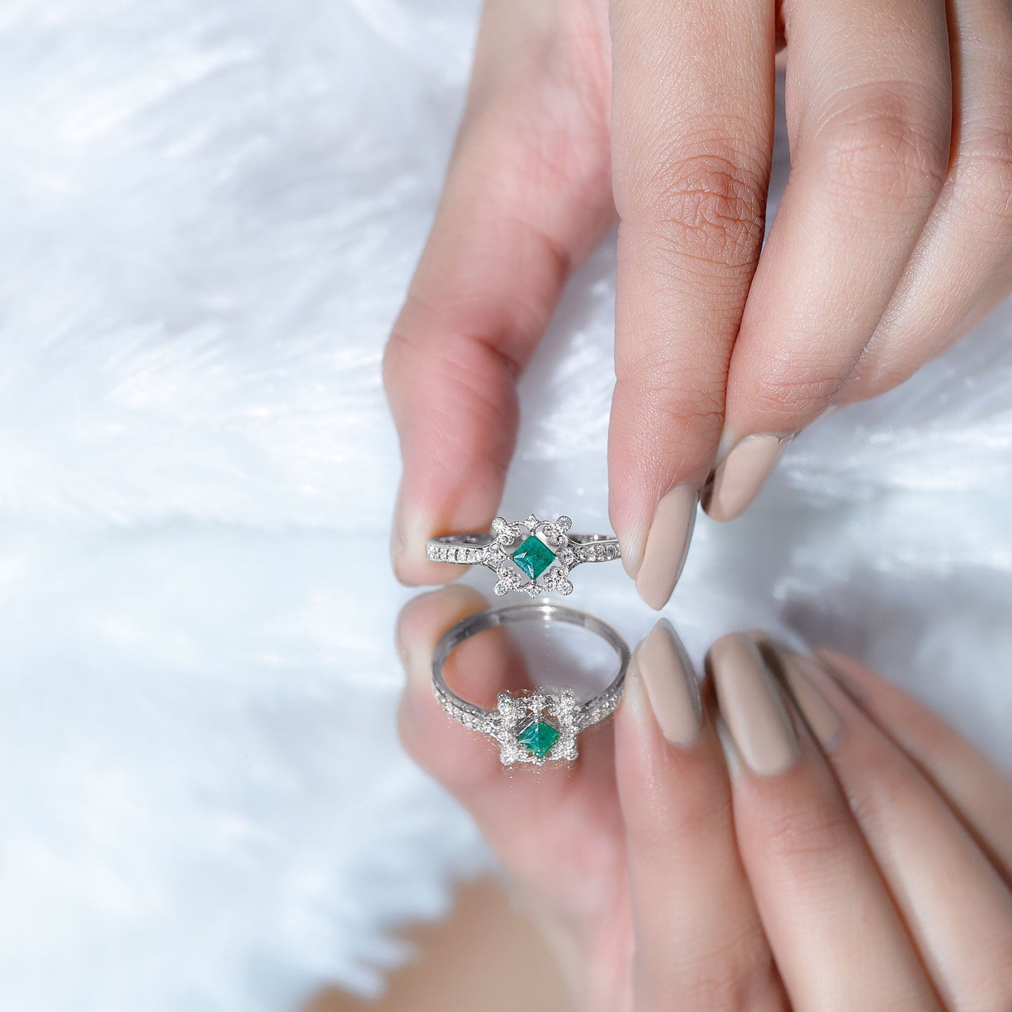 Antique Looking Emerald and Diamond Engagement Ring for Women