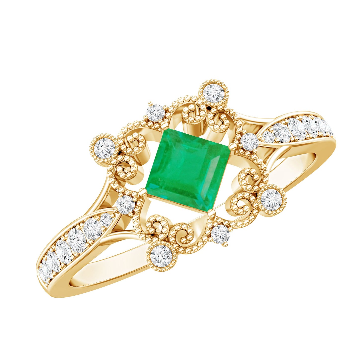 Antique Looking Emerald and Diamond Engagement Ring for Women