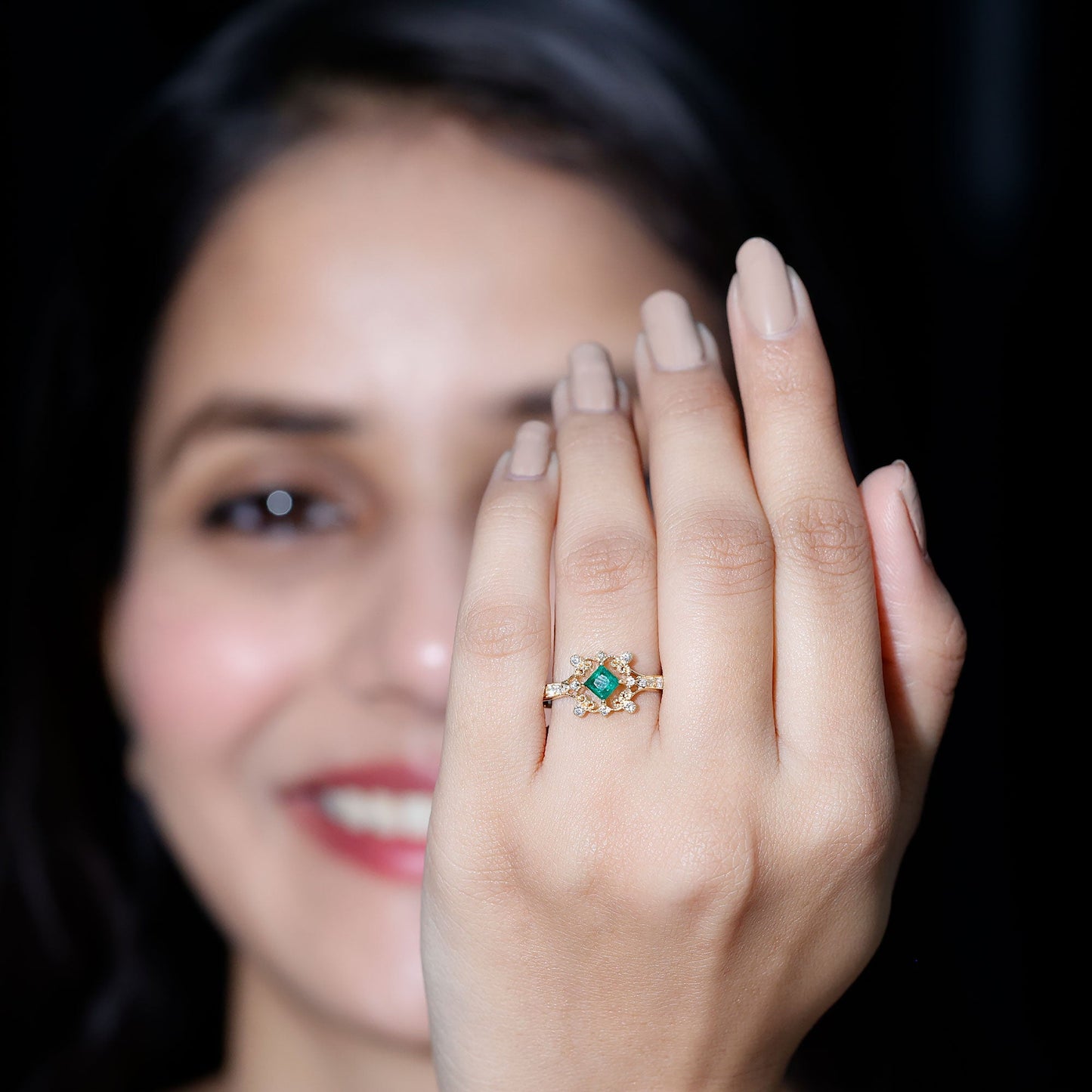Antique Looking Emerald and Diamond Engagement Ring for Women