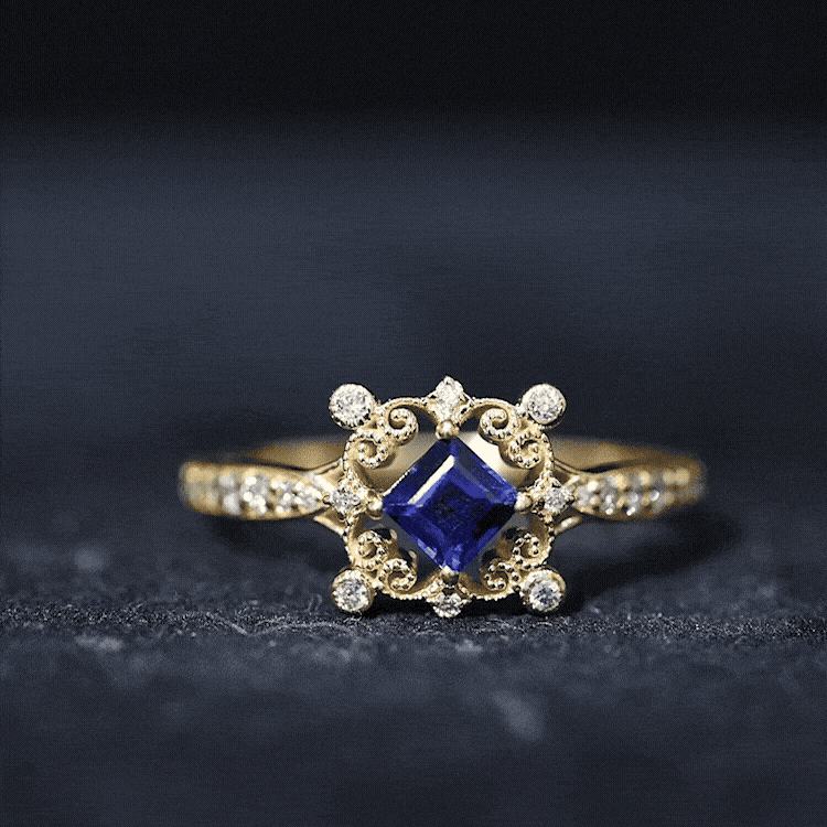 Vintage Inspired Lab Grown Blue Sapphire Engagement Ring with Diamond