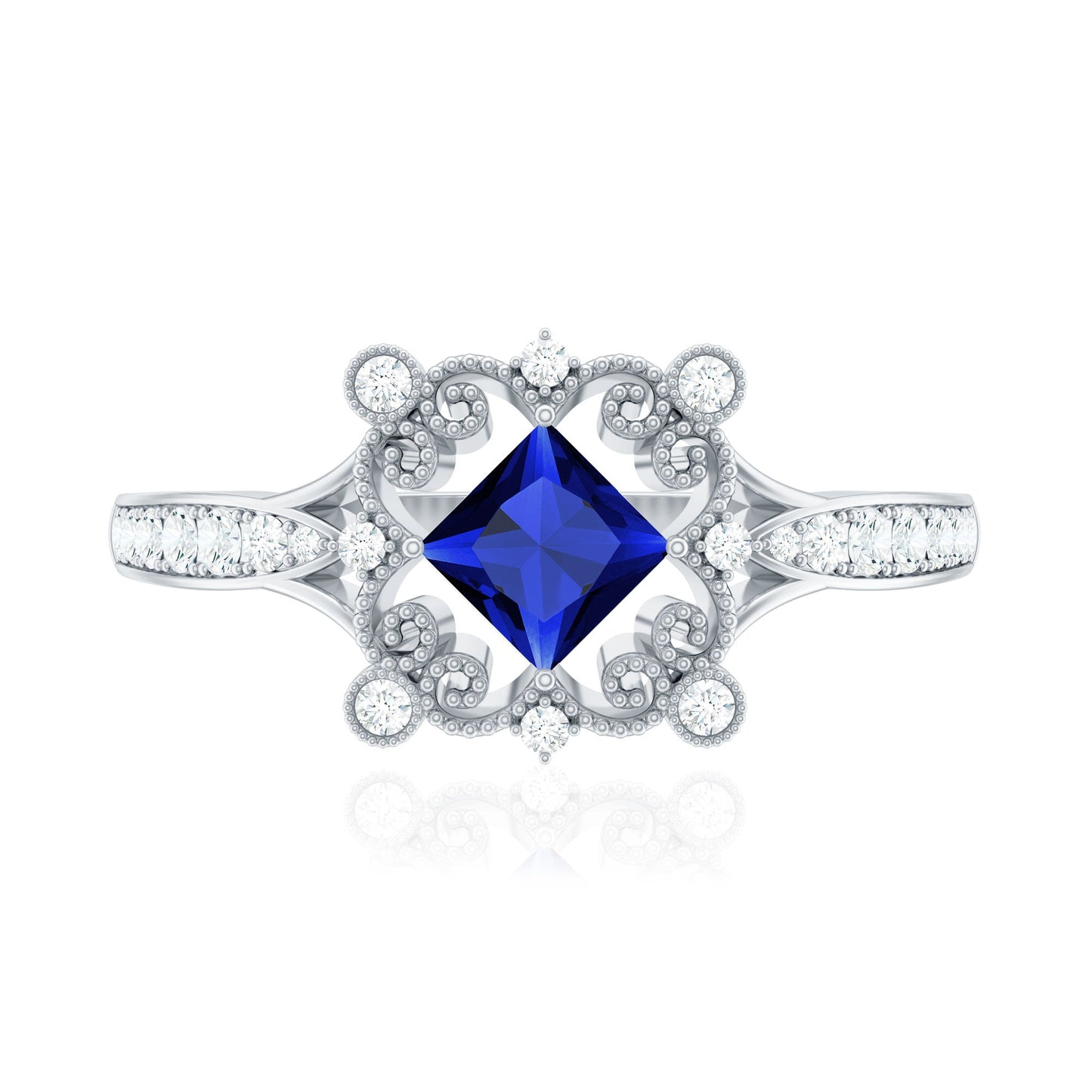 Vintage Inspired Lab Grown Blue Sapphire Engagement Ring with Diamond