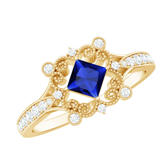 Vintage Inspired Lab Grown Blue Sapphire Engagement Ring with Diamond