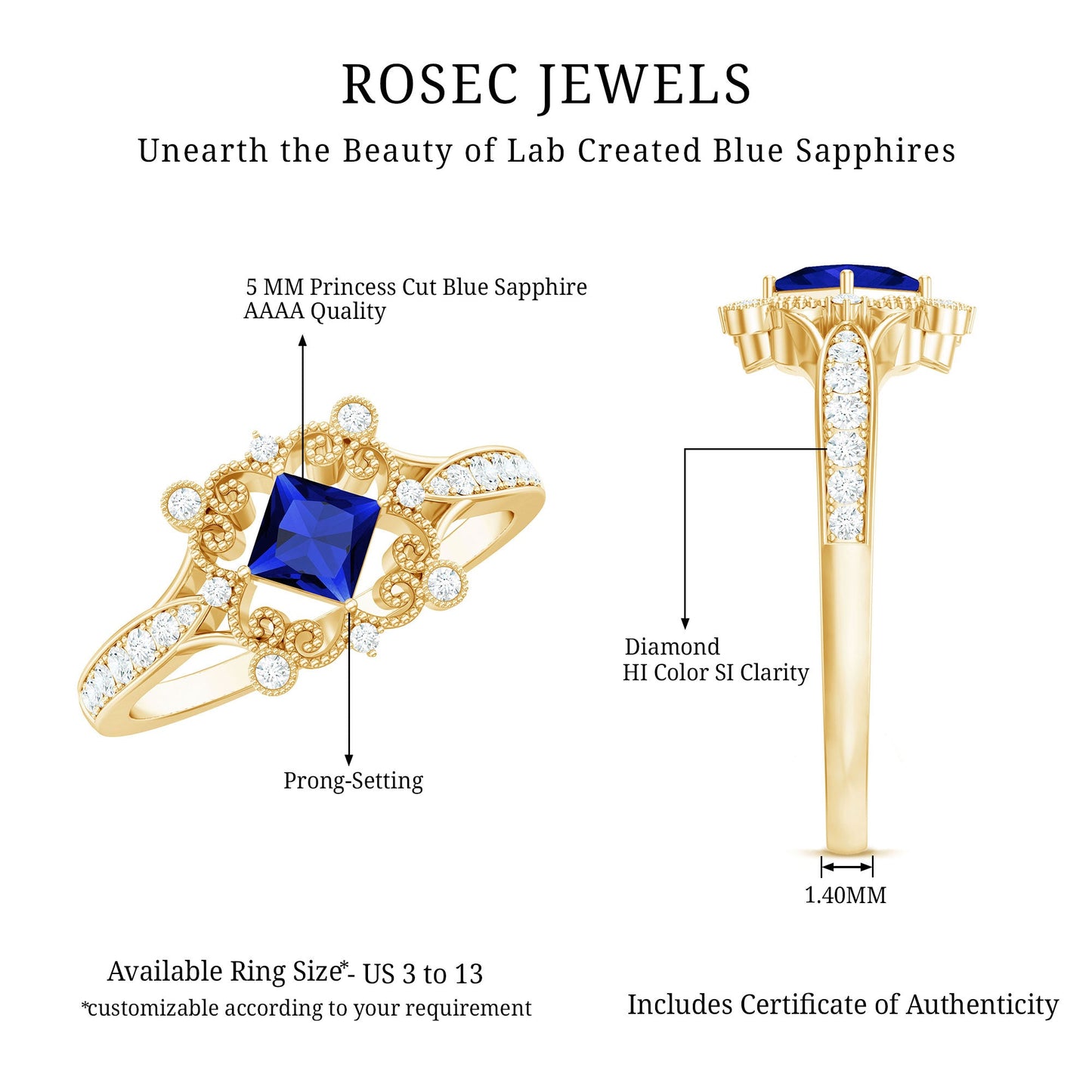 Vintage Inspired Lab Grown Blue Sapphire Engagement Ring with Diamond