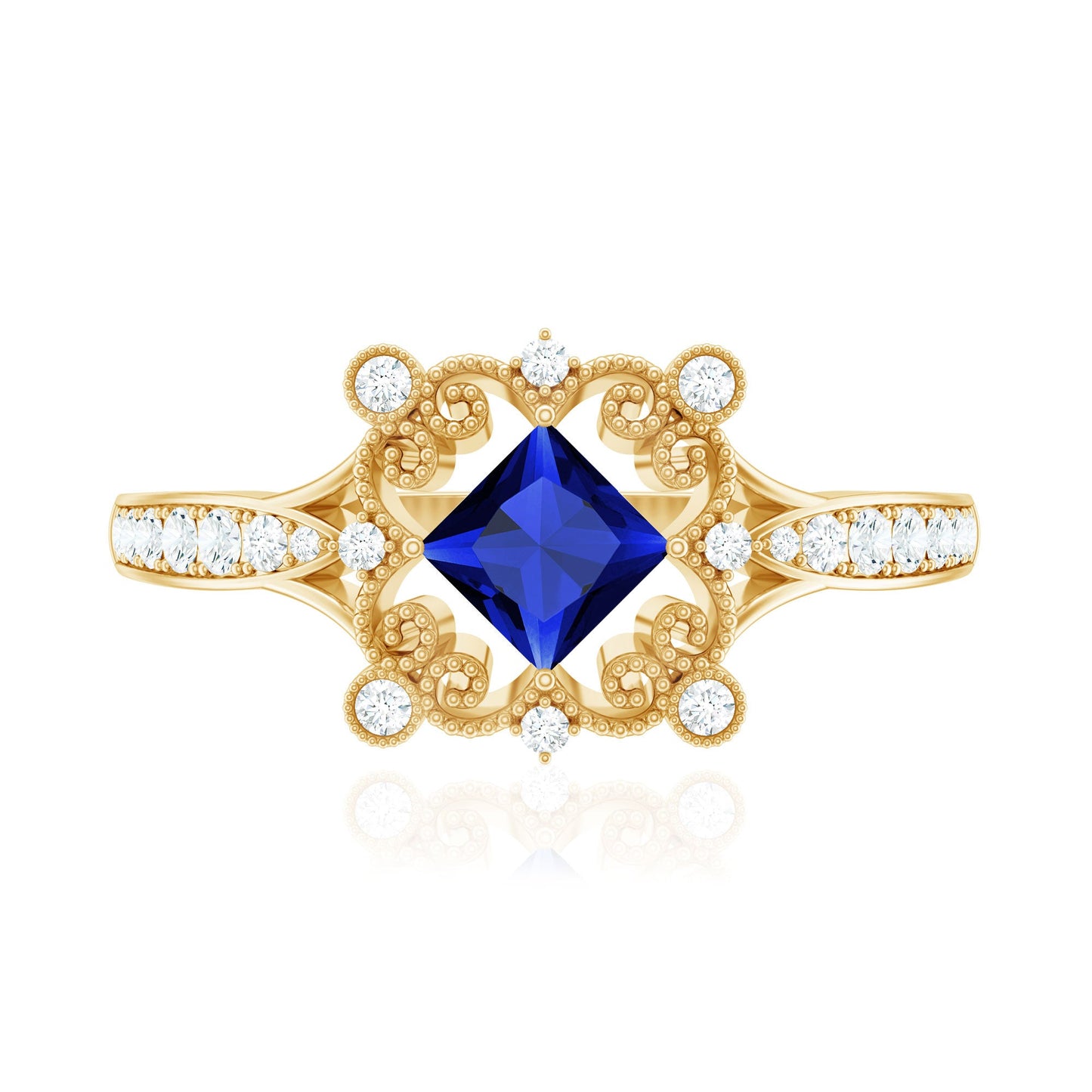 Vintage Inspired Lab Grown Blue Sapphire Engagement Ring with Diamond