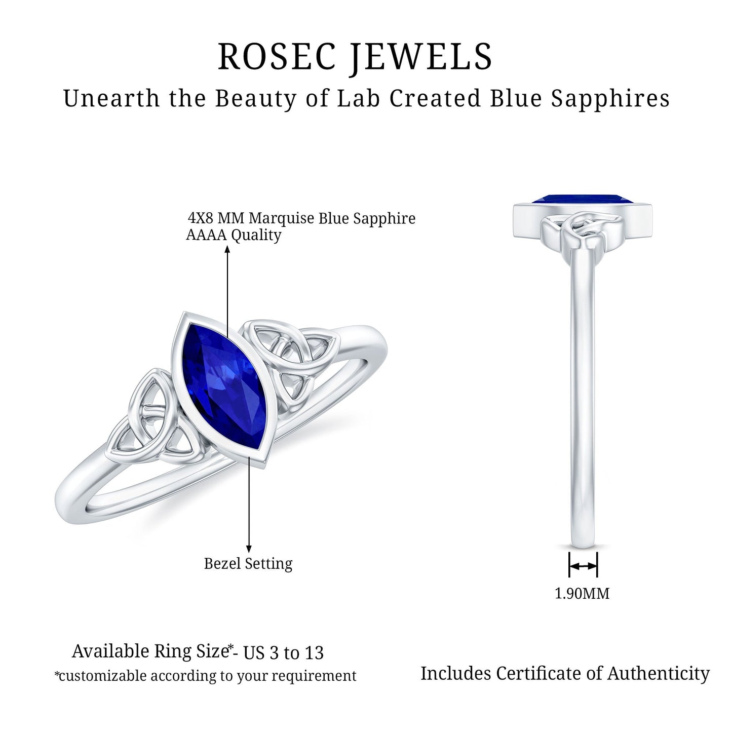 Certified Lab Grown Blue Sapphire Marquise Engagement Ring with Celtic Knot