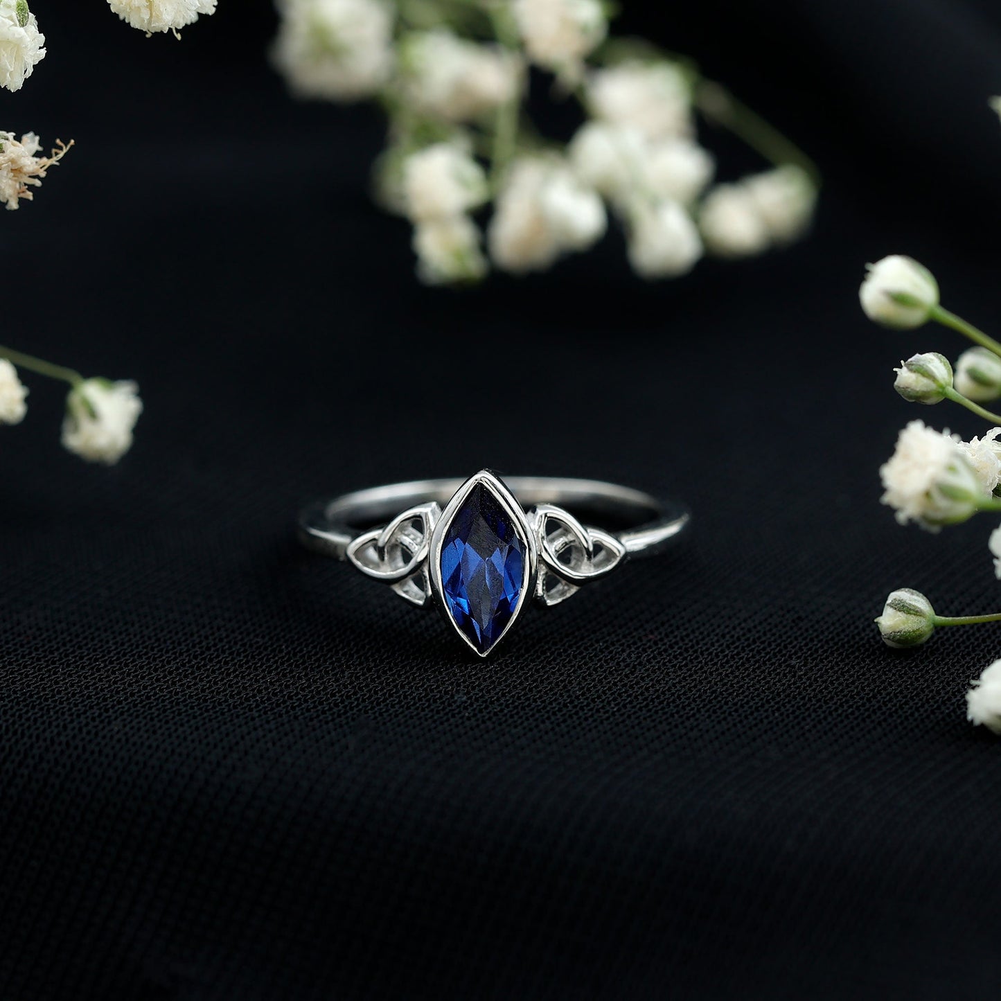 Certified Lab Grown Blue Sapphire Marquise Engagement Ring with Celtic Knot