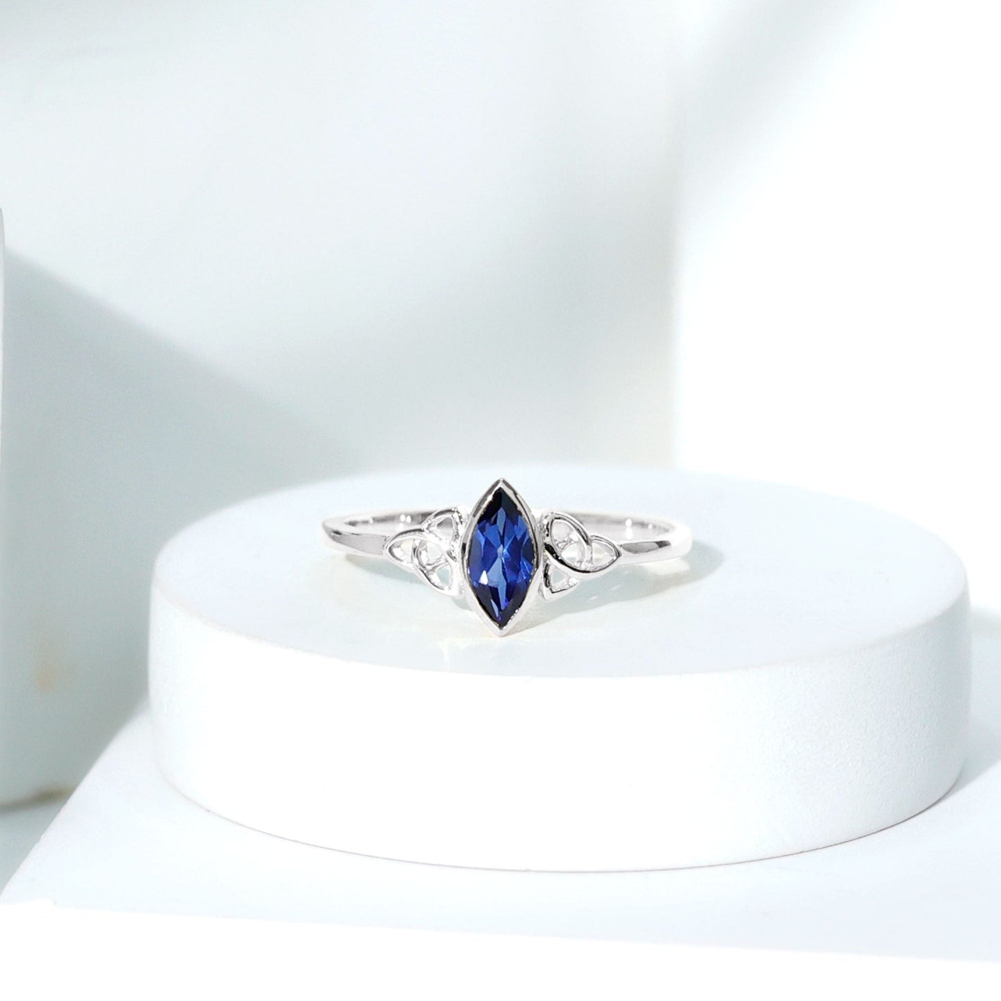 Certified Lab Grown Blue Sapphire Marquise Engagement Ring with Celtic Knot
