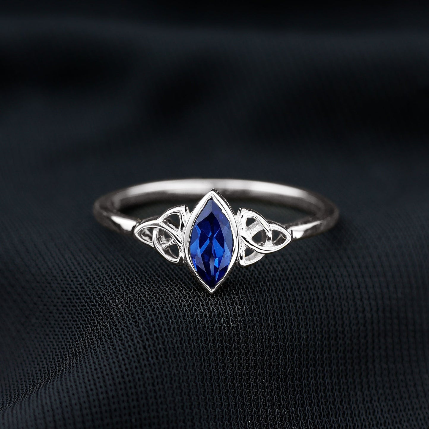 Certified Lab Grown Blue Sapphire Marquise Engagement Ring with Celtic Knot