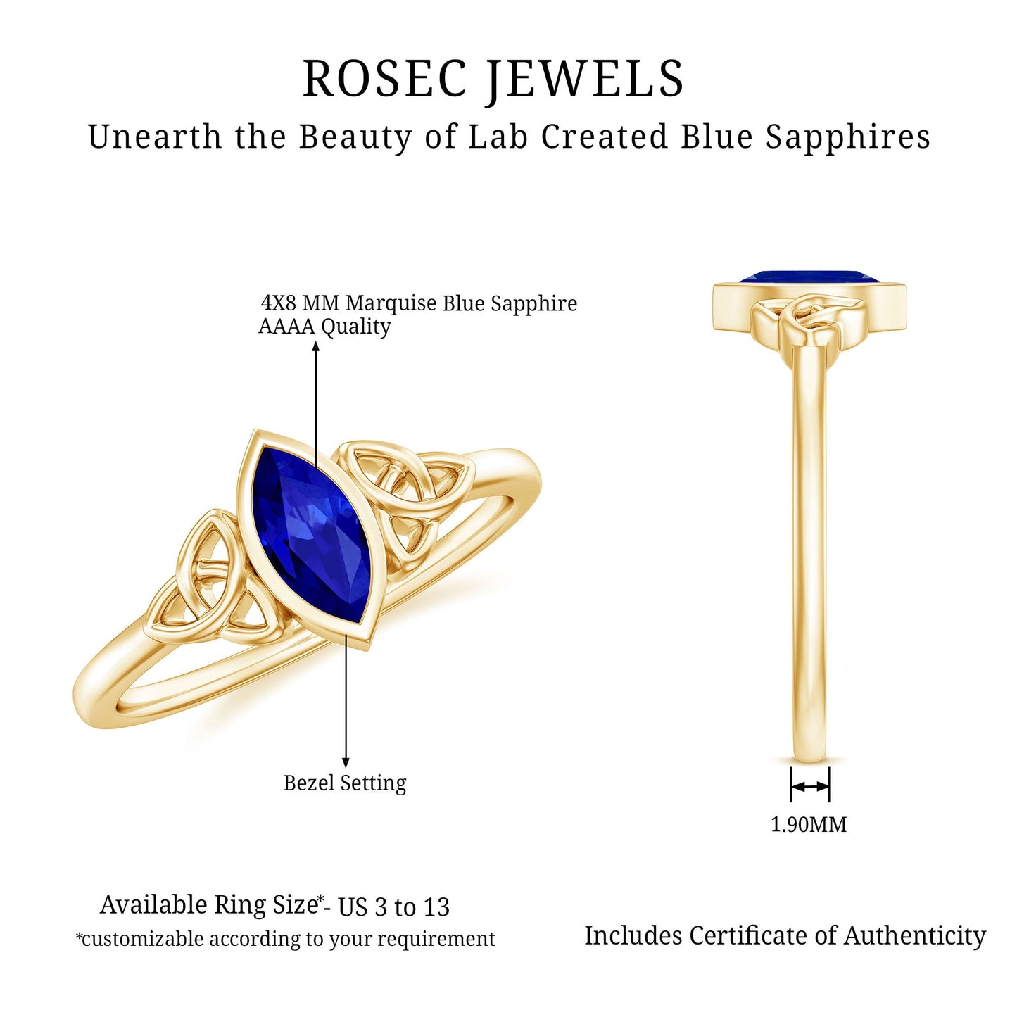 Certified Lab Grown Blue Sapphire Marquise Engagement Ring with Celtic Knot