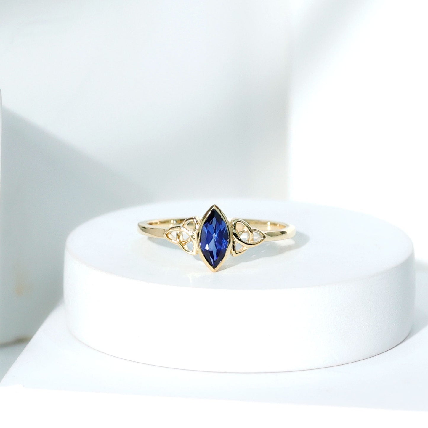 Certified Lab Grown Blue Sapphire Marquise Engagement Ring with Celtic Knot
