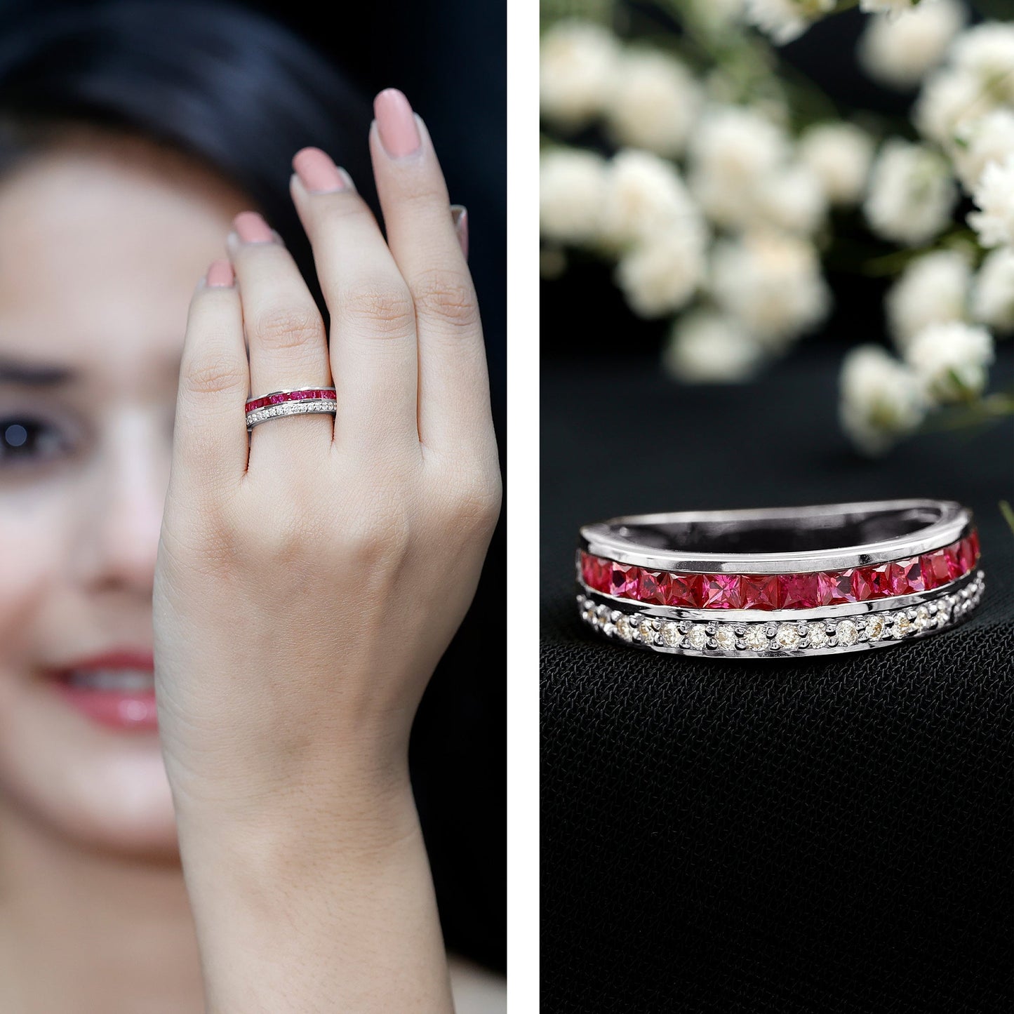 Natural Princess Cut Ruby Diamond Wedding Band Ring for Women