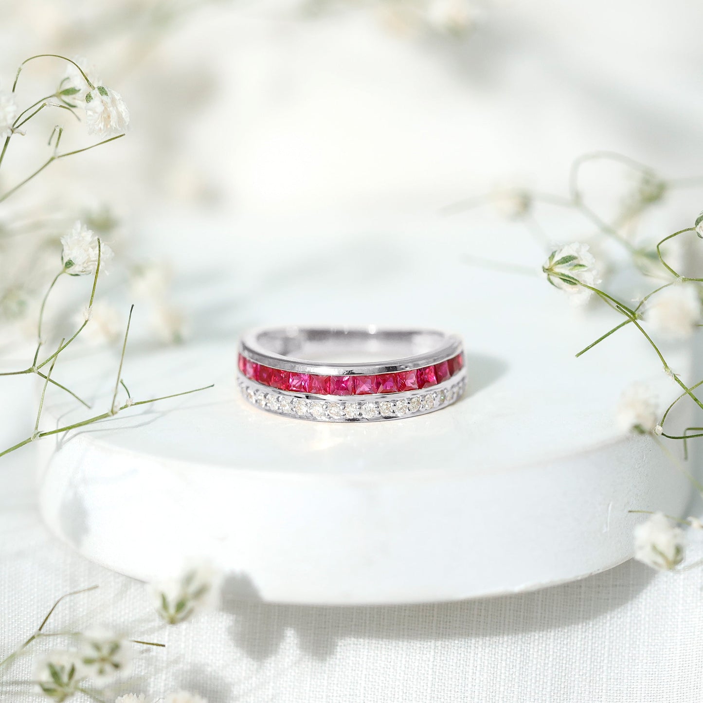 Natural Princess Cut Ruby Diamond Wedding Band Ring for Women