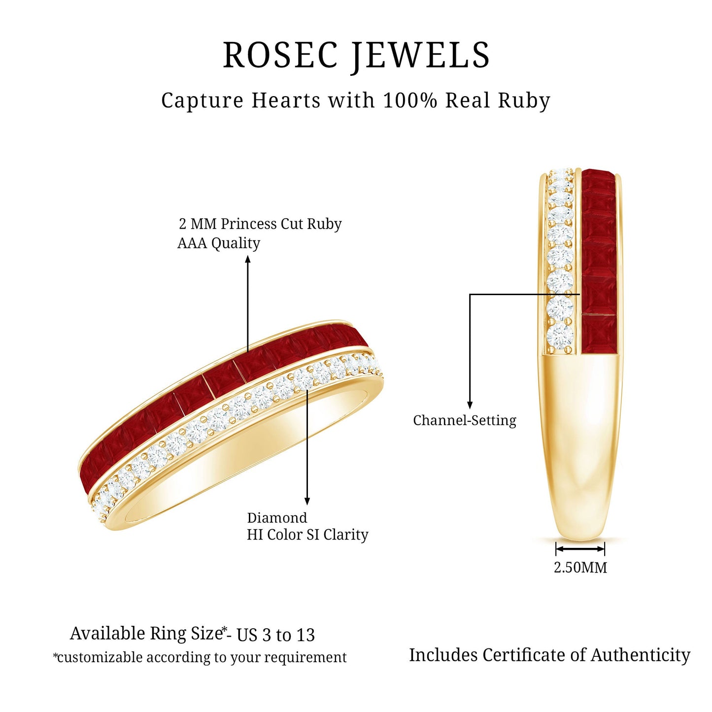 Natural Princess Cut Ruby Diamond Wedding Band Ring for Women