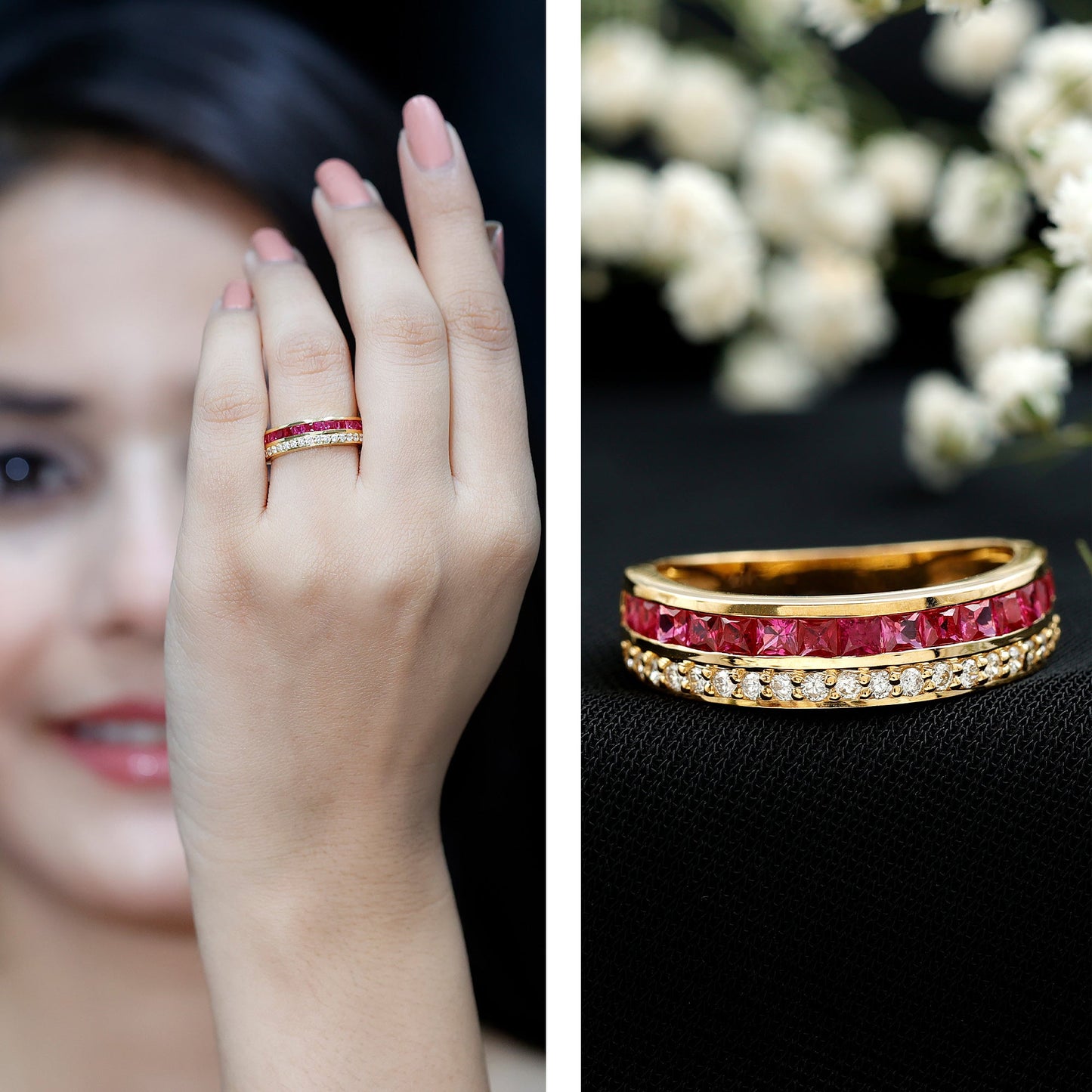 Natural Princess Cut Ruby Diamond Wedding Band Ring for Women