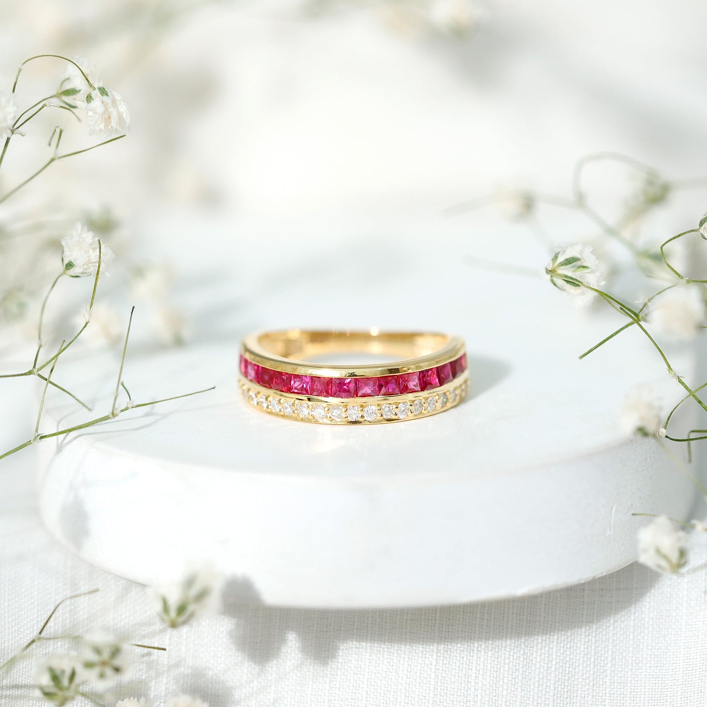 Natural Princess Cut Ruby Diamond Wedding Band Ring for Women