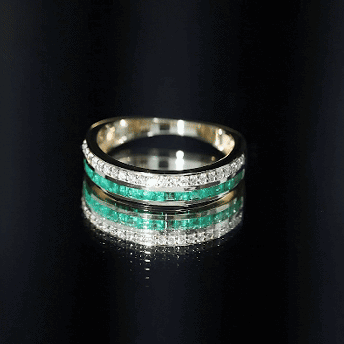 Natural Emerald and Diamond Half Eternity Wedding Band
