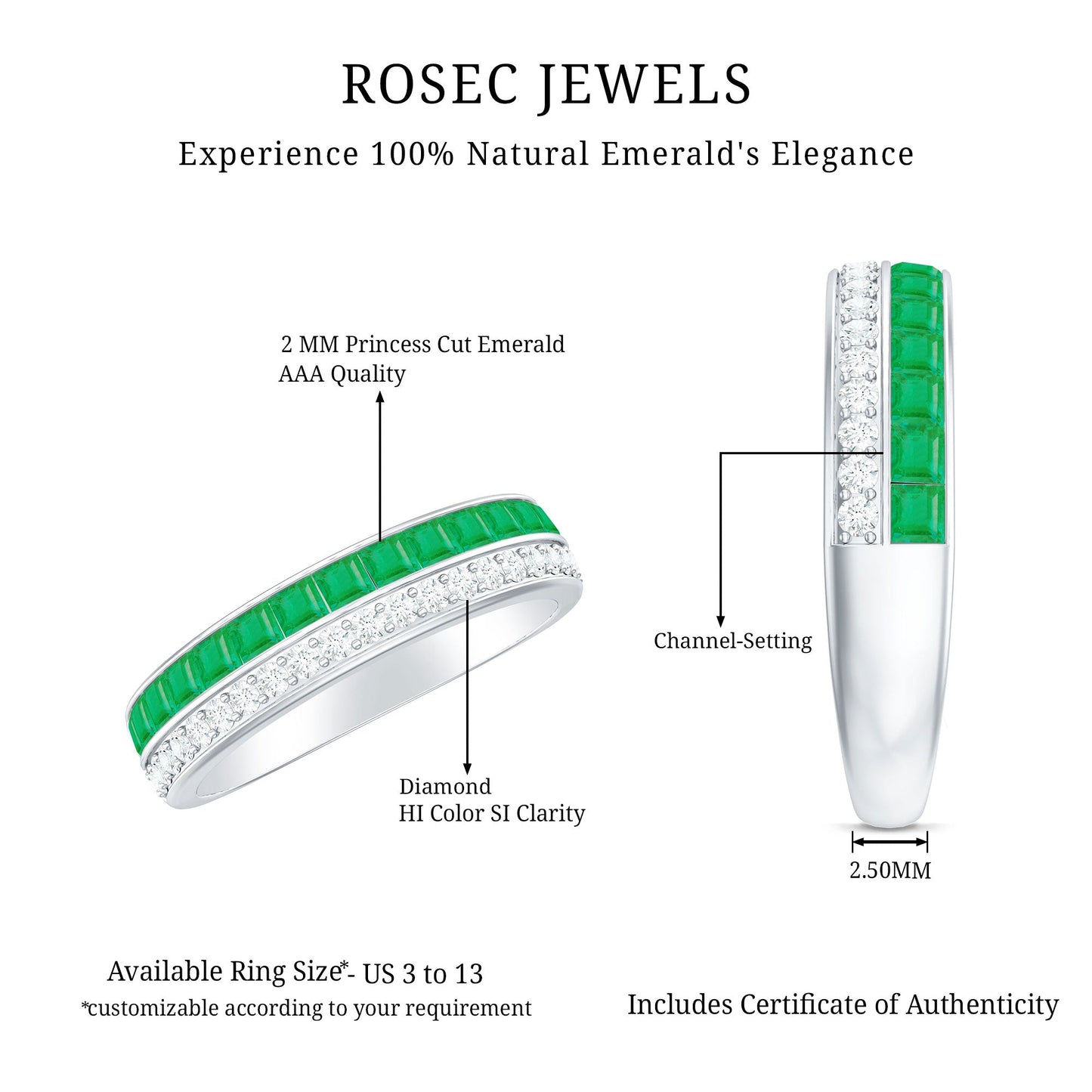 Natural Emerald and Diamond Half Eternity Wedding Band