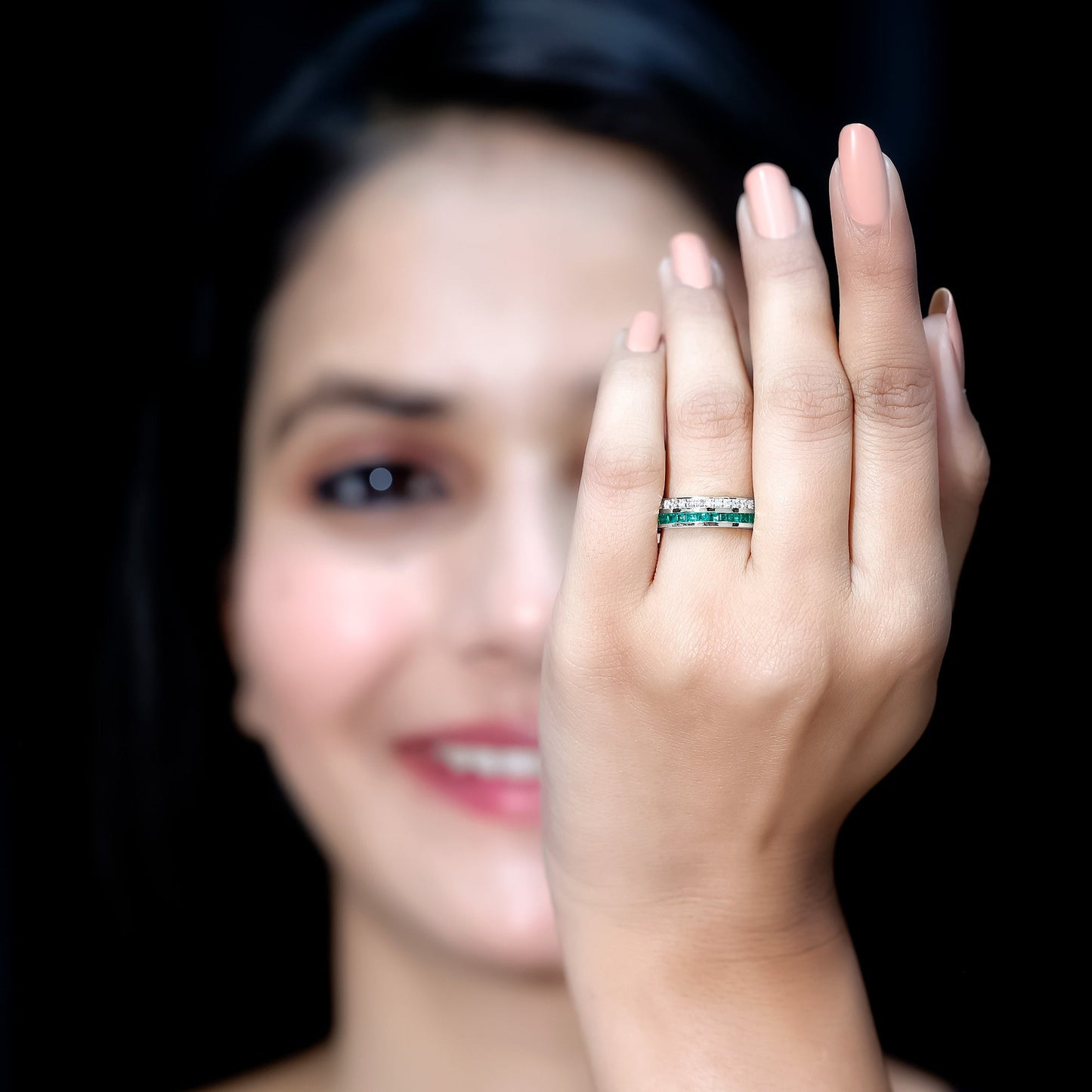 Natural Emerald and Diamond Half Eternity Wedding Band