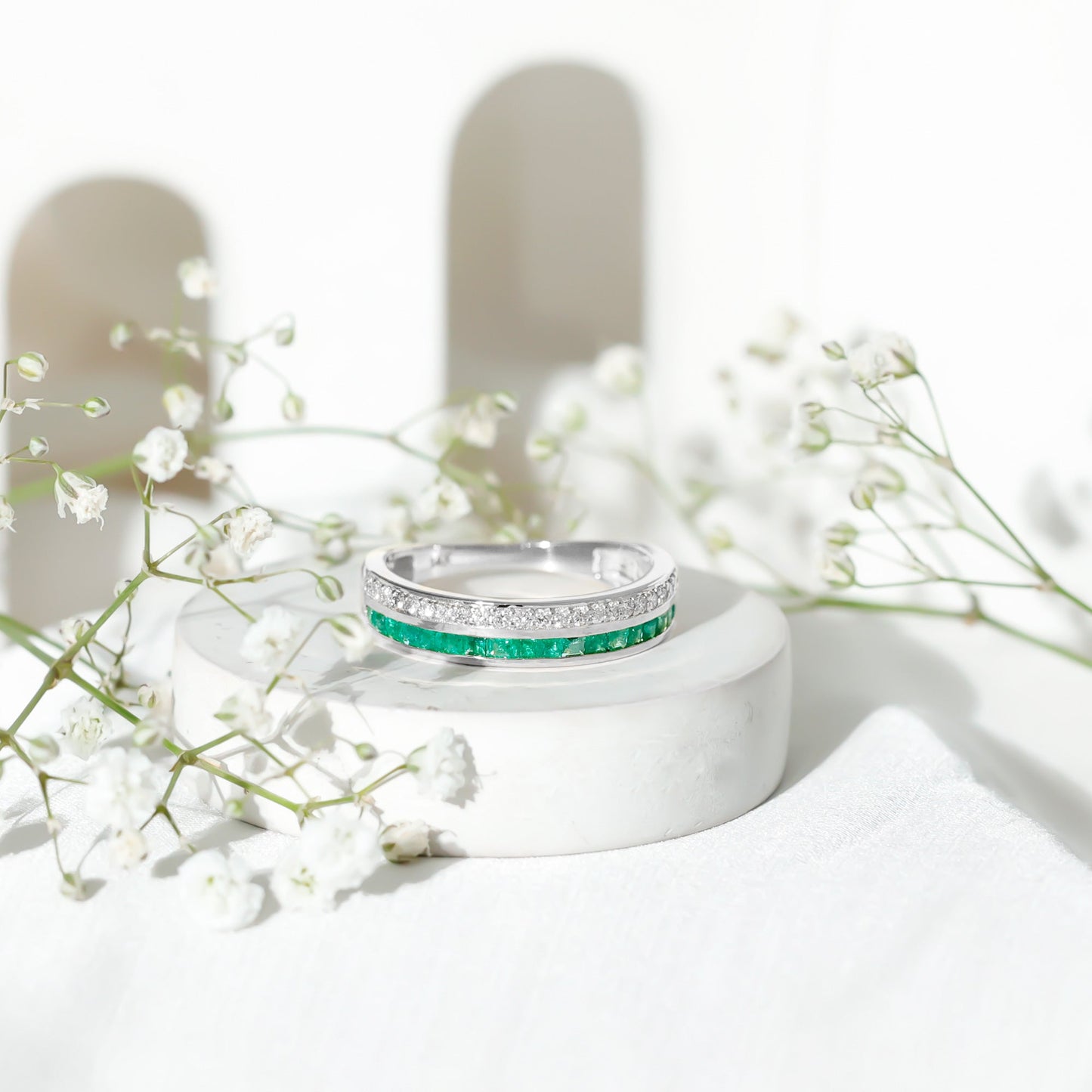 Natural Emerald and Diamond Half Eternity Wedding Band
