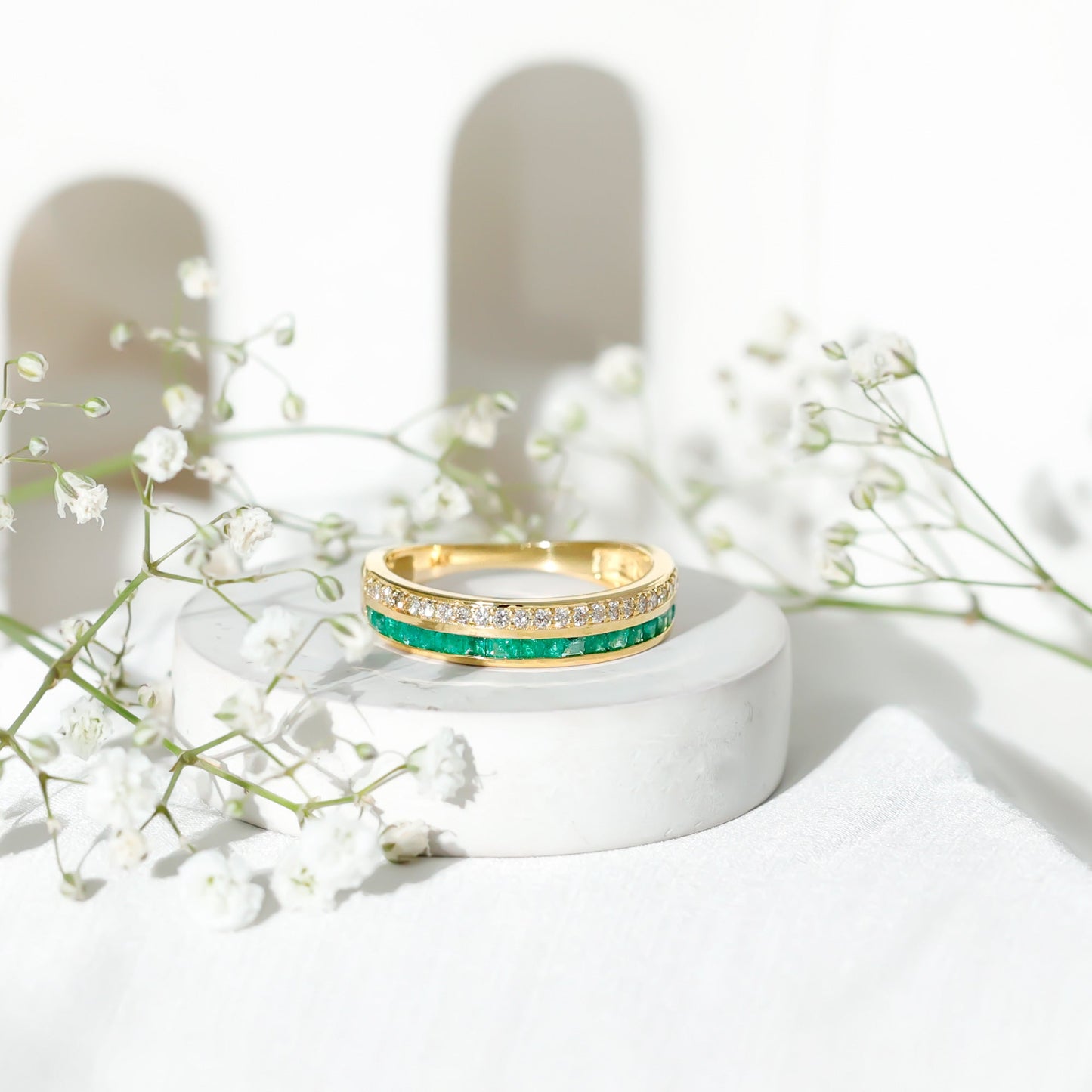 Natural Emerald and Diamond Half Eternity Wedding Band