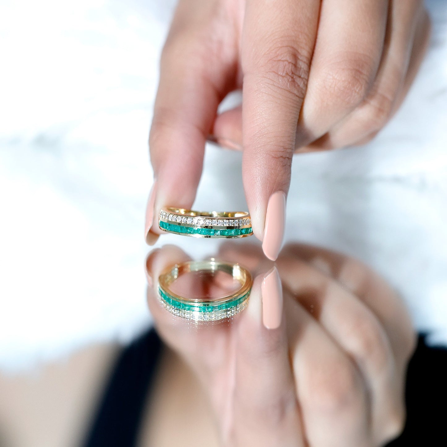 Natural Emerald and Diamond Half Eternity Wedding Band