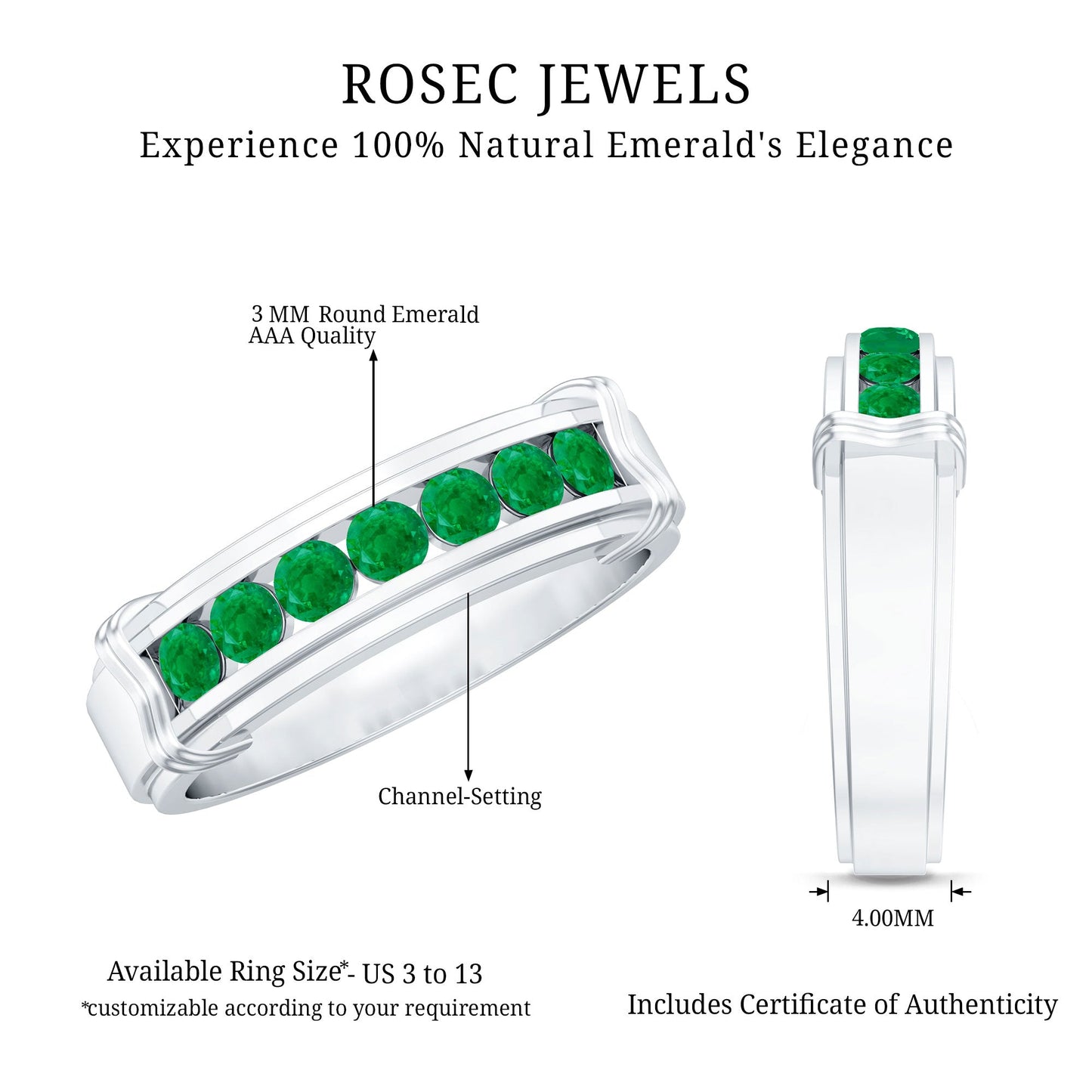 Channel Set Emerald Half Eternity Wedding Band Ring