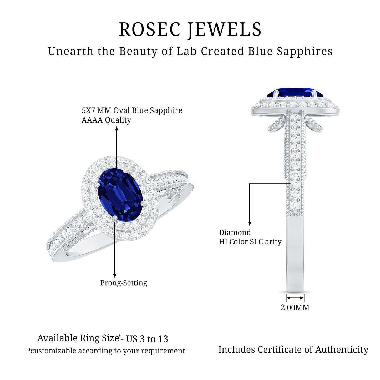1 Carat Oval Lab Grown Blue Sapphire Diamond Vintage Engagement Ring with Double Halo