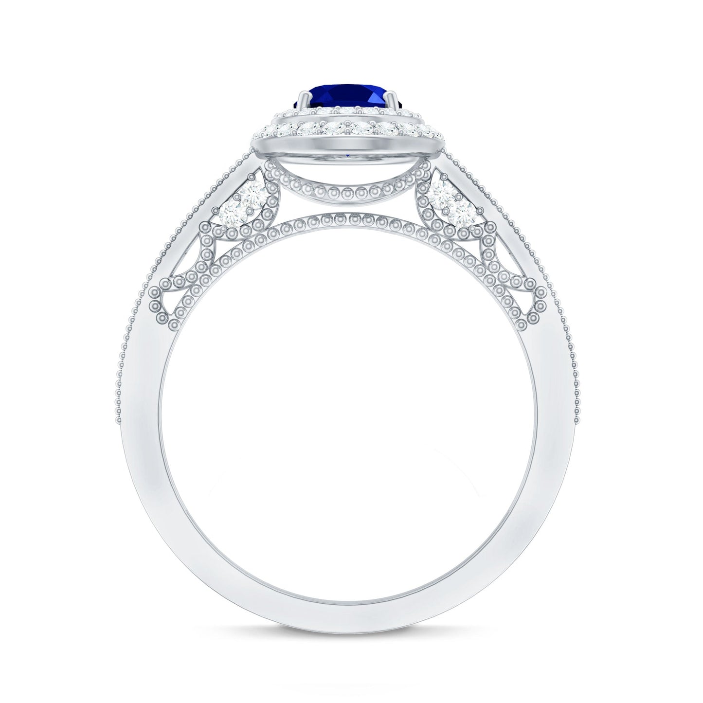 1 Carat Oval Lab Grown Blue Sapphire Diamond Vintage Engagement Ring with Double Halo