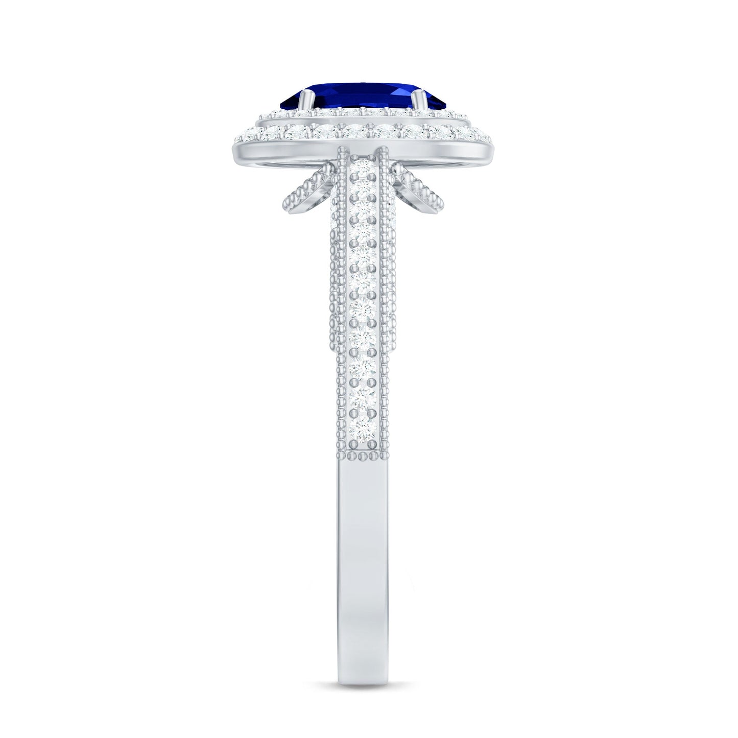 1 Carat Oval Lab Grown Blue Sapphire Diamond Vintage Engagement Ring with Double Halo