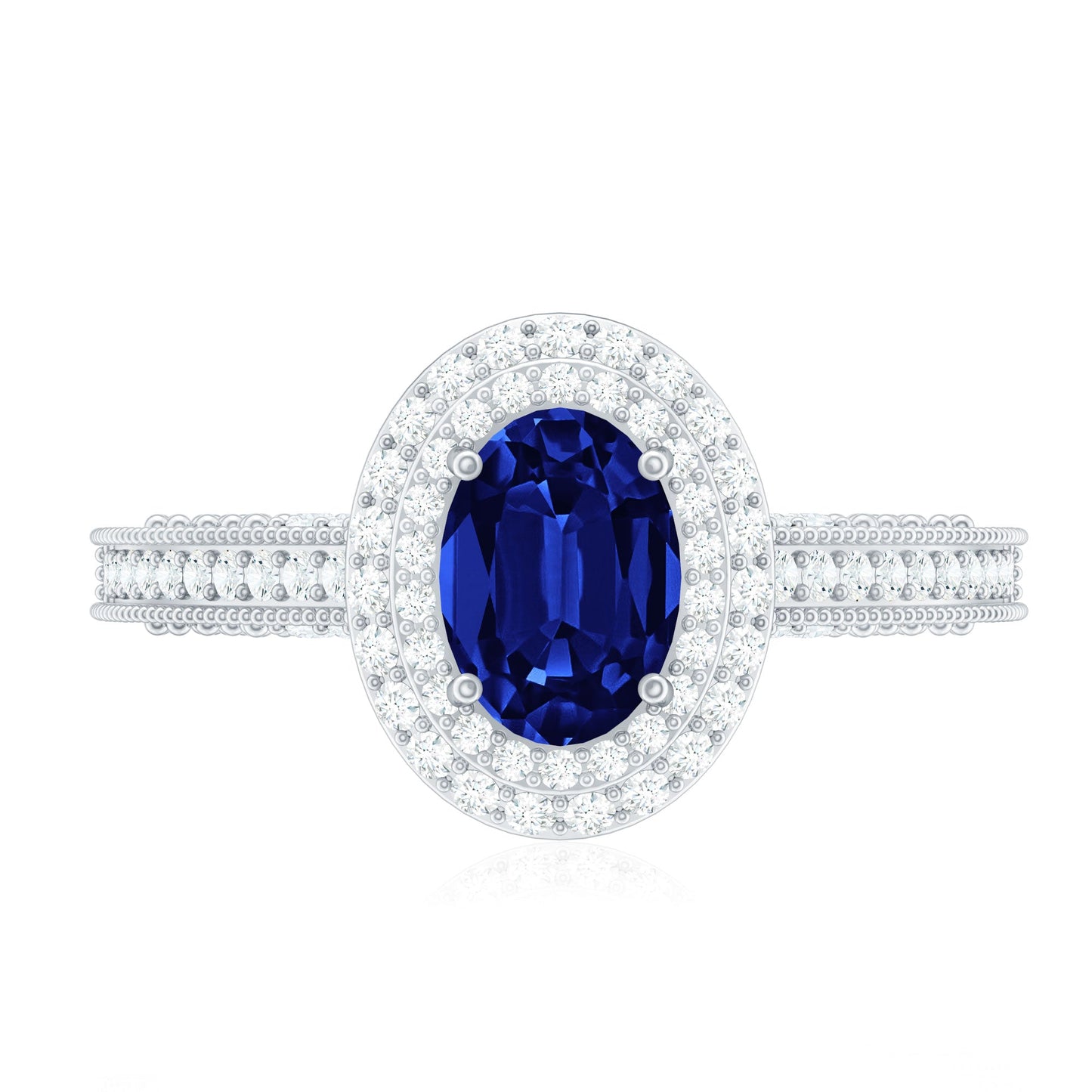 1 Carat Oval Lab Grown Blue Sapphire Diamond Vintage Engagement Ring with Double Halo