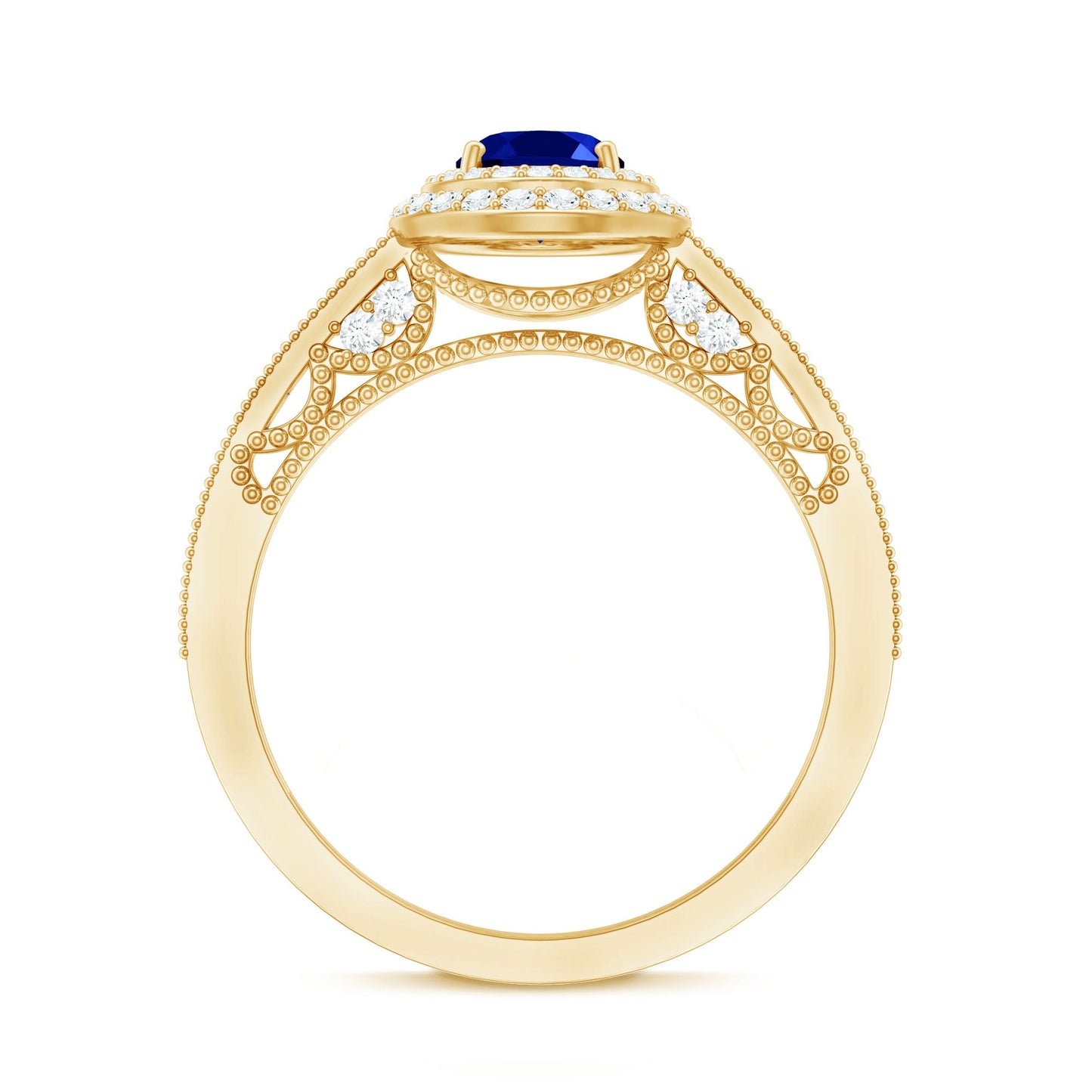 1 Carat Oval Lab Grown Blue Sapphire Diamond Vintage Engagement Ring with Double Halo