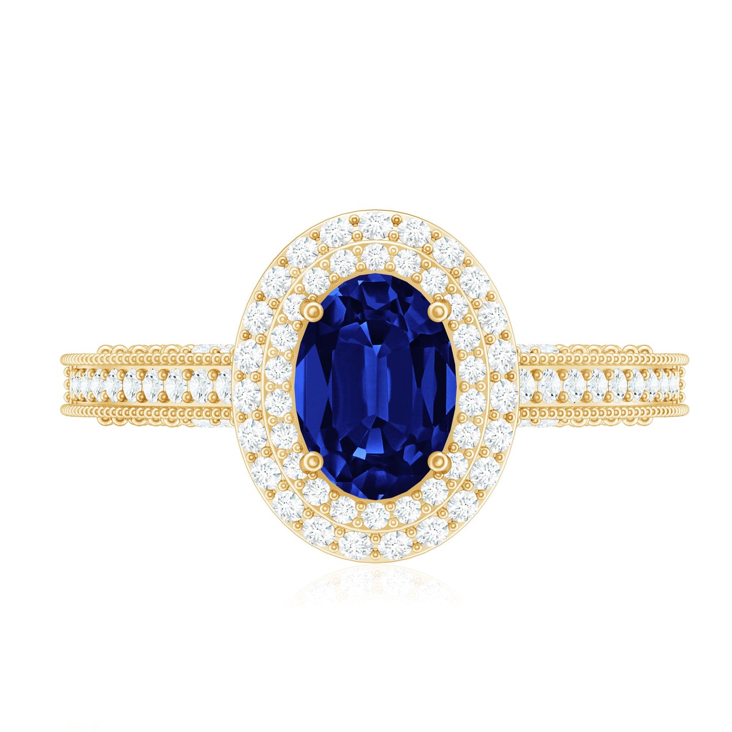 1 Carat Oval Lab Grown Blue Sapphire Diamond Vintage Engagement Ring with Double Halo