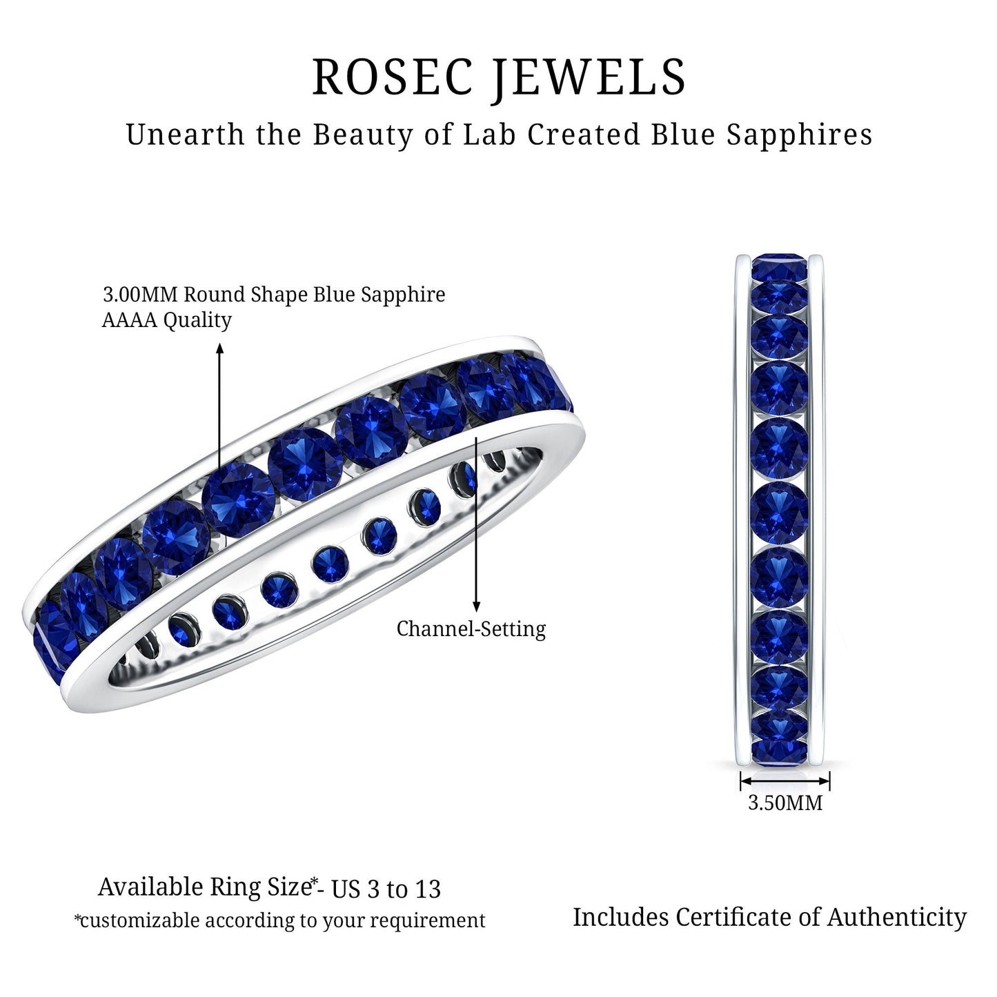 Certified Lab Grown Blue Sapphire Eternity Band Ring in Channel Set