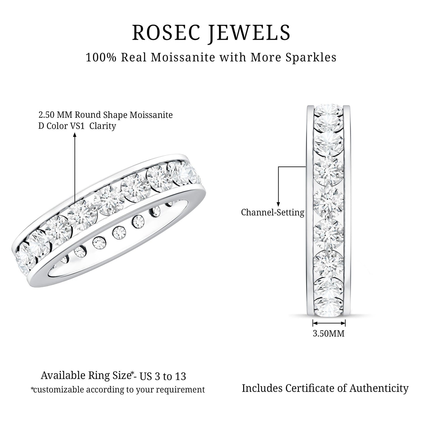 Certified Moissanite Channel Set Eternity Ring for Anniversary