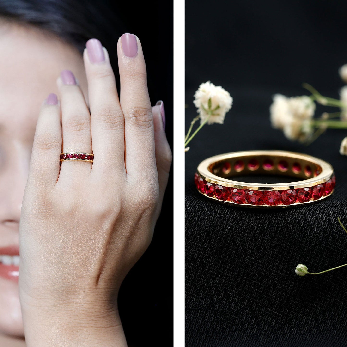 Round Created Ruby Full Eternity Ring in Channel Setting