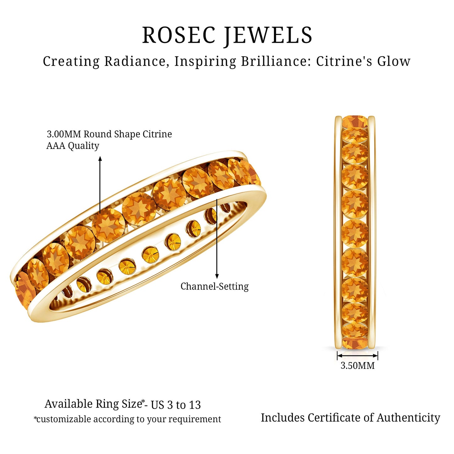 Natural Citrine Channel Set Eternity Ring for Anniversary
