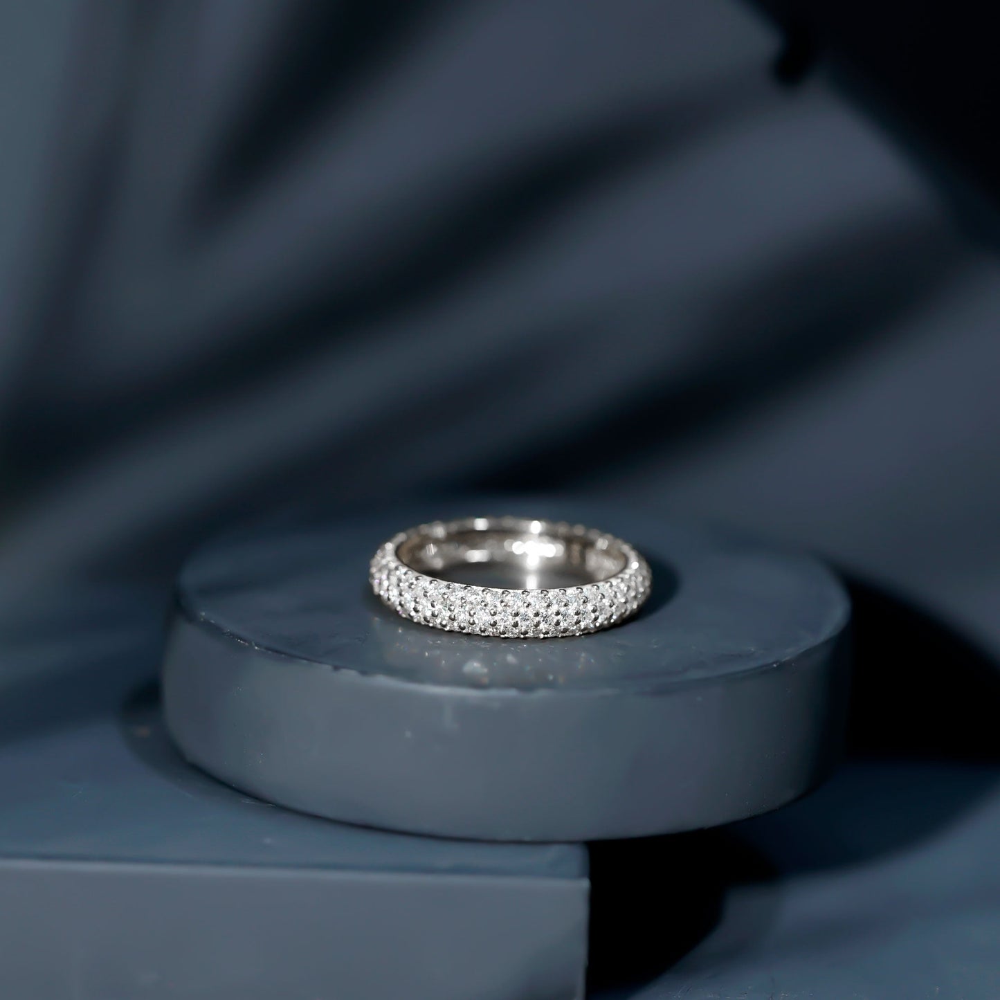 Pave Set Certified Moissanite Three Row Eternity Band