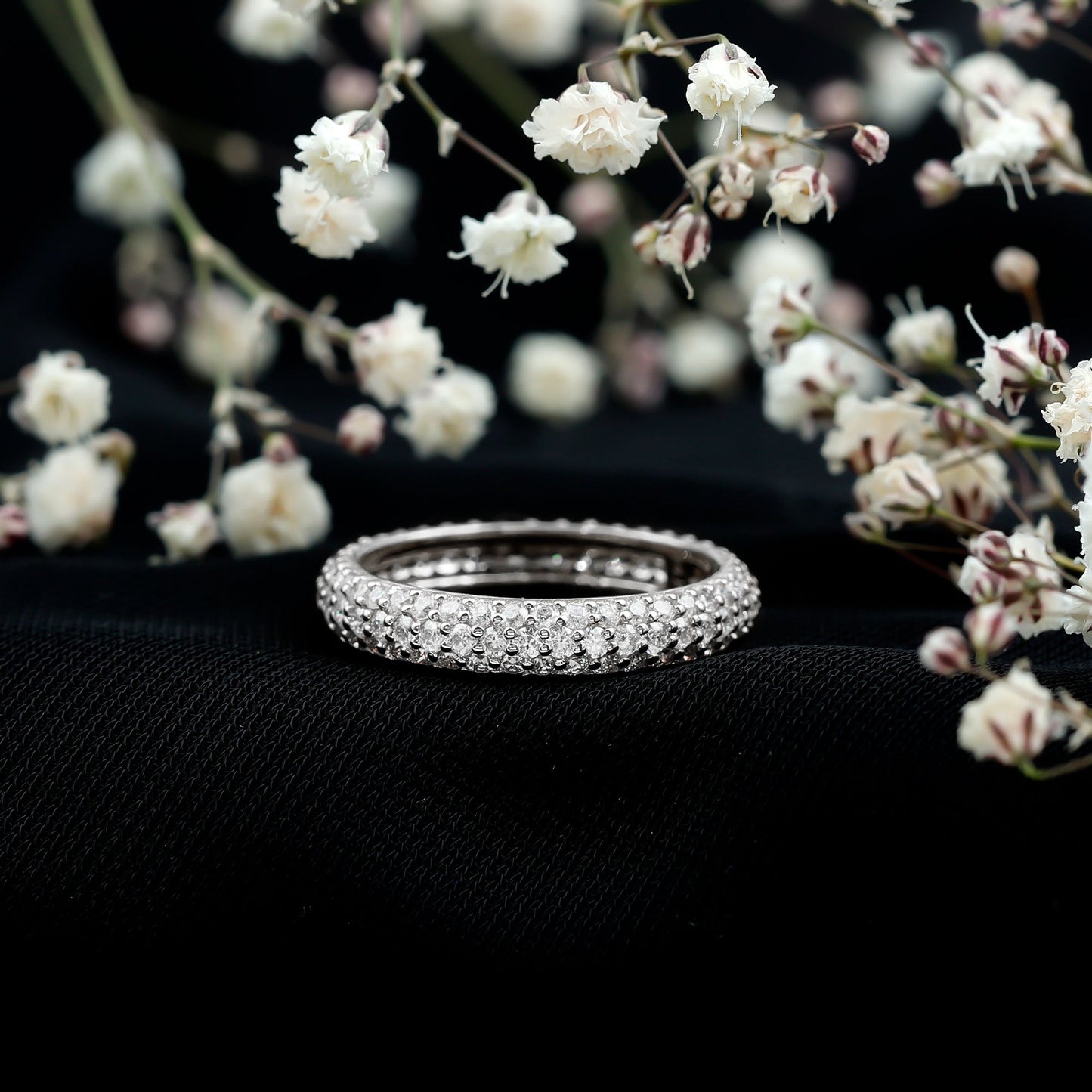 Pave Set Certified Moissanite Three Row Eternity Band