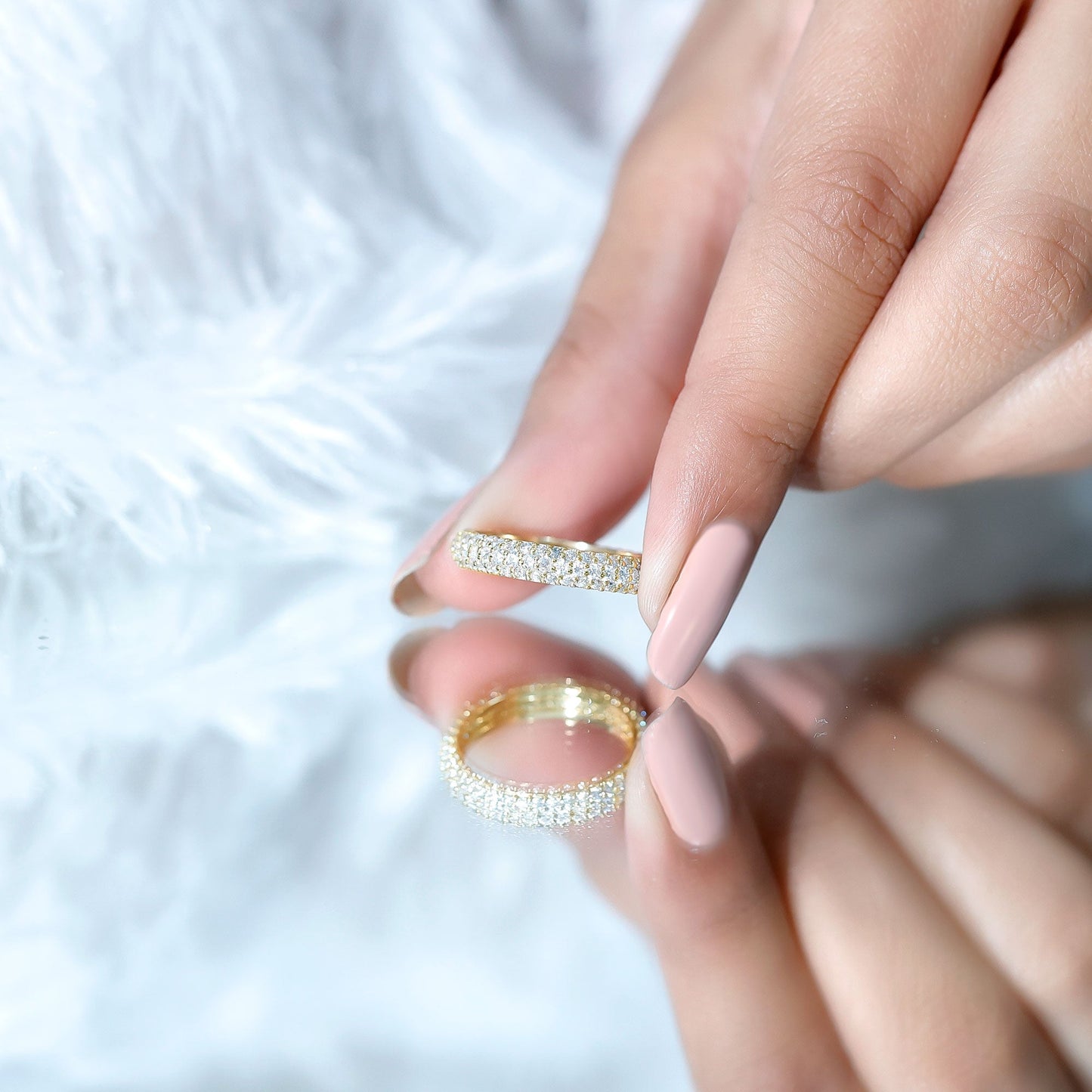 Pave Set Certified Moissanite Three Row Eternity Band